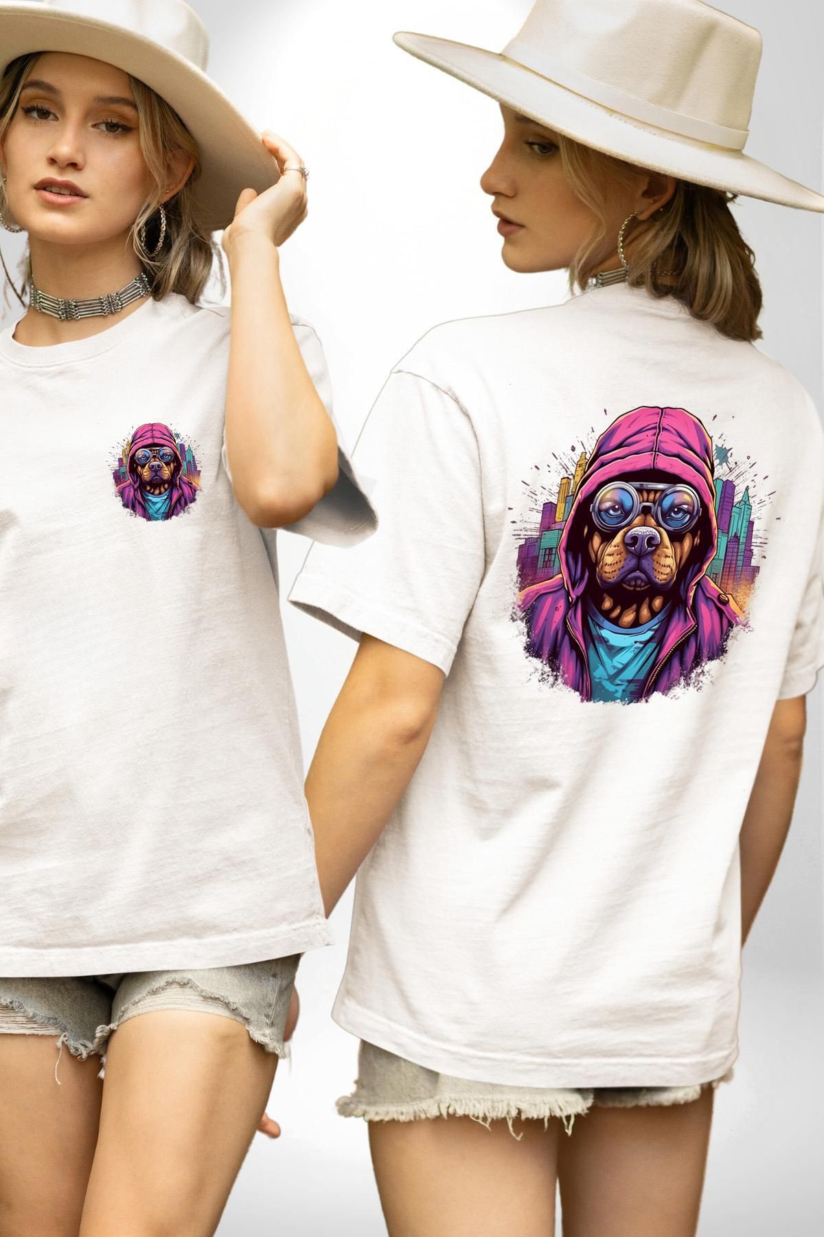 Angemiel Graffiti Sokak Sanatı Köpek Deseni Beyaz Oversize Kadın Erkek Ön ve Sırt Baskılı Tişört