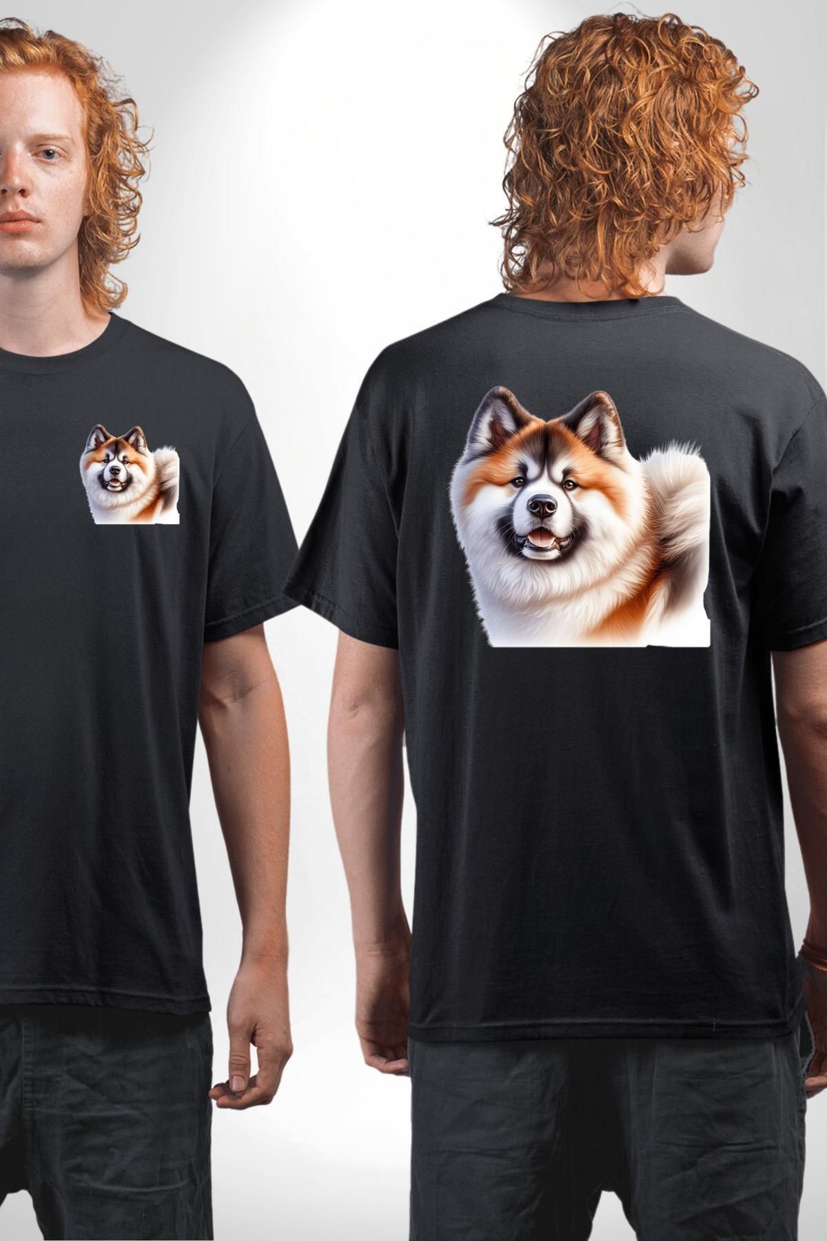 Angemiel Akita Inu Sadık Köpek Siyah Oversize Kadın Erkek Ön ve Sırt Baskılı Tişört