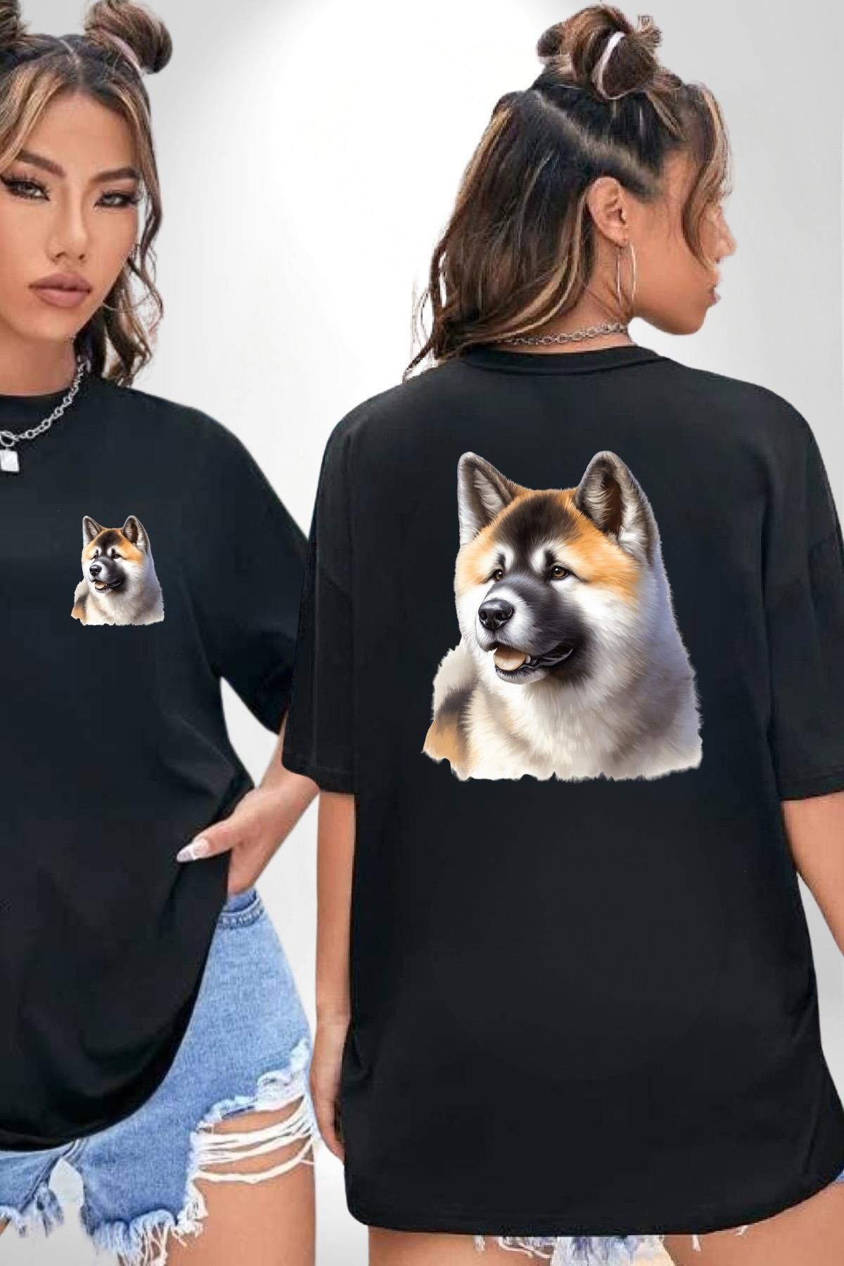Angemiel Akita Inu Aşkı Köpek Siyah Oversize Kadın Erkek Ön ve Sırt Baskılı Tişört