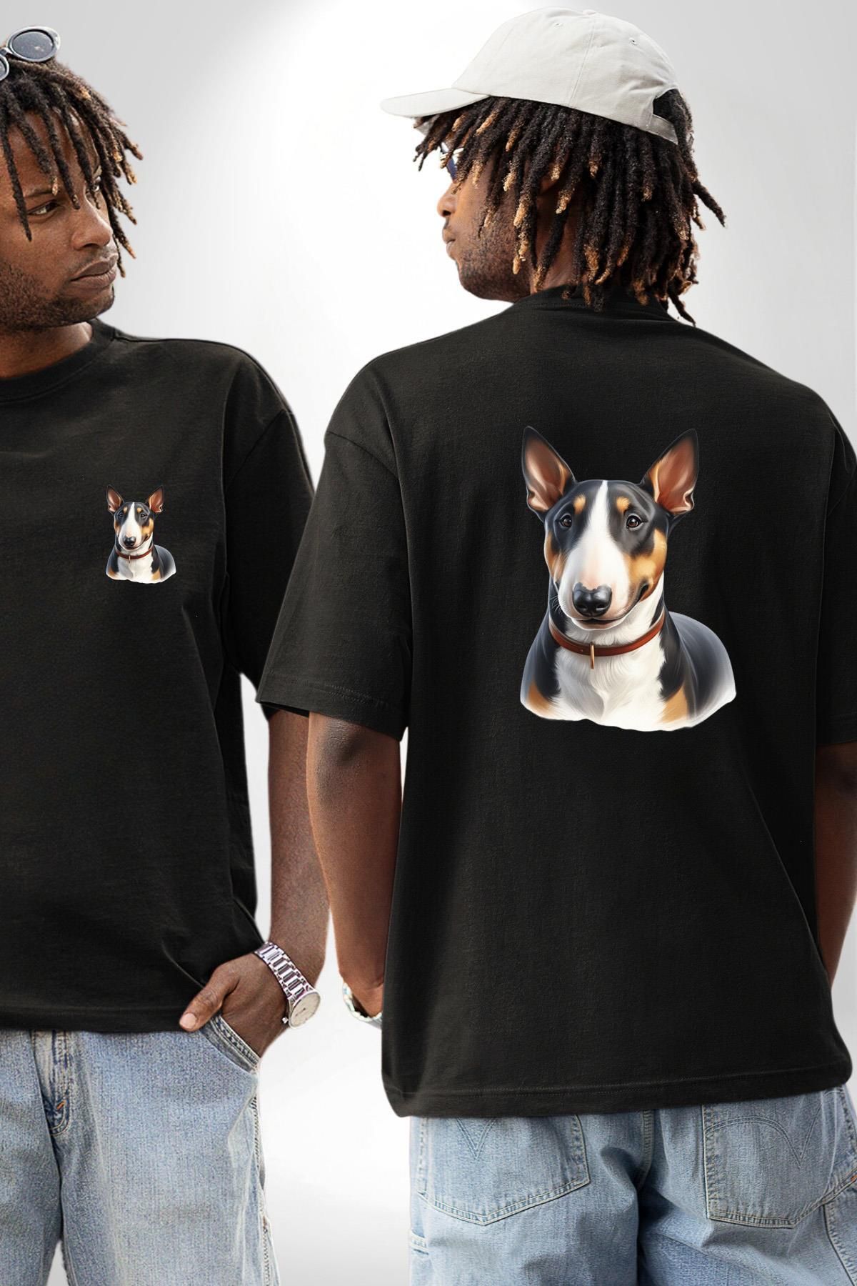 Angemiel Cesur Miniature Bull Terrier Köpek Siyah Oversize Kadın Erkek Ön ve Sırt Baskılı Tişört