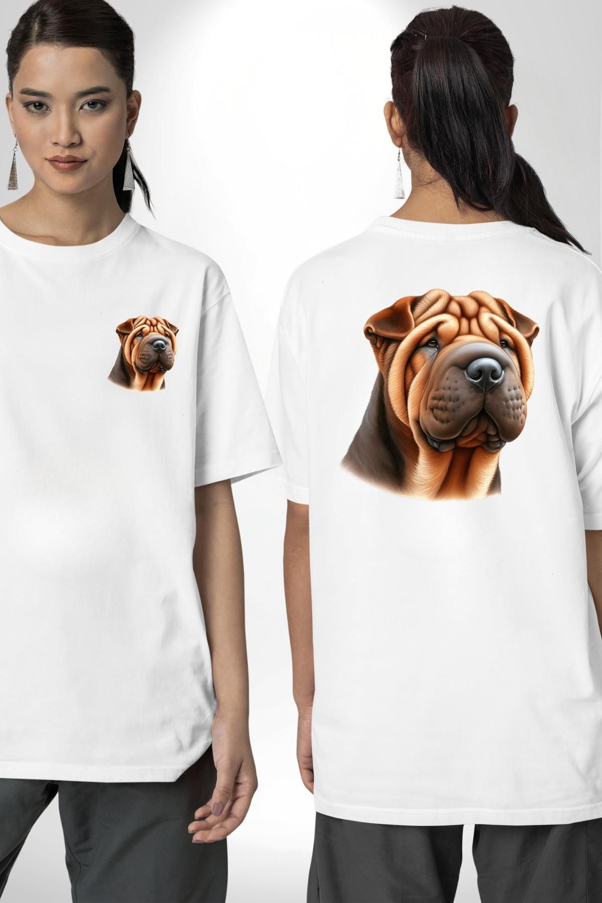 Angemiel Buruşuk Derili Shar Pei Köpek Beyaz Oversize Kadın Erkek Ön ve Sırt Baskılı Tişört
