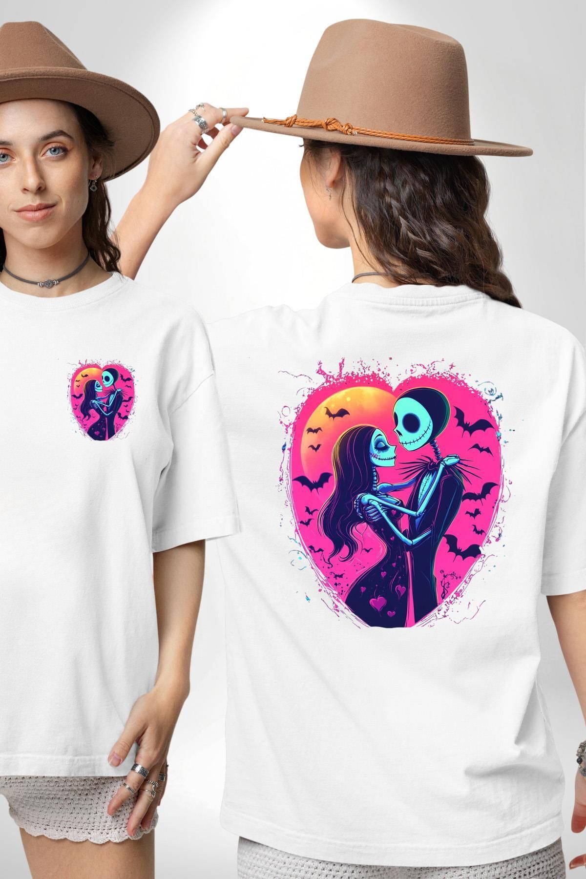 Angemiel Korku ve Aşk Temalı Jack & Sally Sevgililer Günü Beyaz Oversize Kadın Erkek Ön ve Sırt Baskılı Tişör