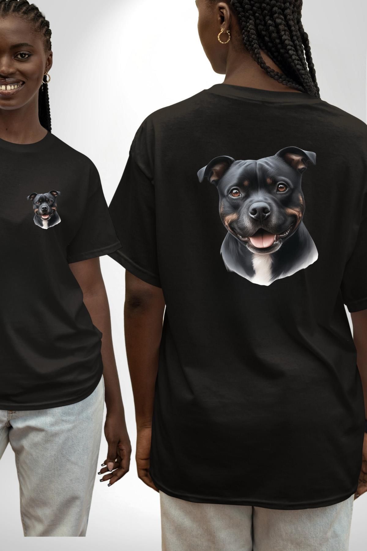 Angemiel Staffordshire Bull Terrier Köpek Tasarımı Siyah Oversize Kadın Erkek Ön ve Sırt Baskılı Tişört