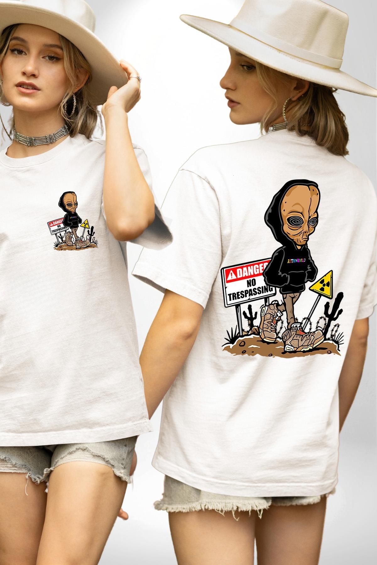 Angemiel Astroworld Alien Uzaylı Radyasyon Beyaz Oversize Kadın Erkek Ön ve Sırt Baskılı Tişört