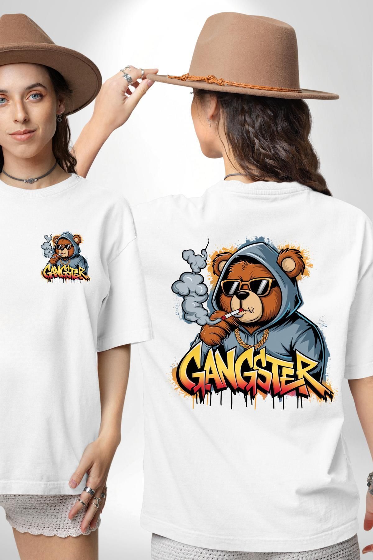 Angemiel Gangster Ayı Hoodie Kapşonlu Ayı Teddy Beyaz Oversize Kadın Erkek Ön ve Sırt Baskılı Tişört