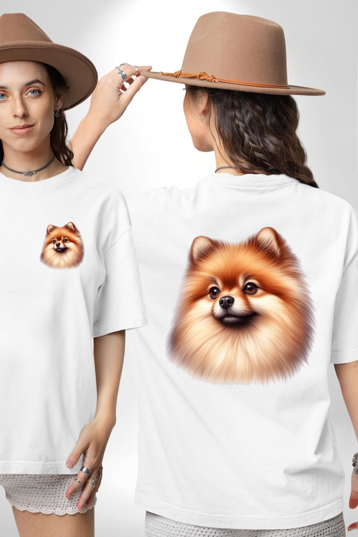 Angemiel Pomeranian Sevimli Tatlı Popüler Köpek Tasarımı Beyaz Oversize Kadın Erkek Ön ve Sırt Baskılı Tişört