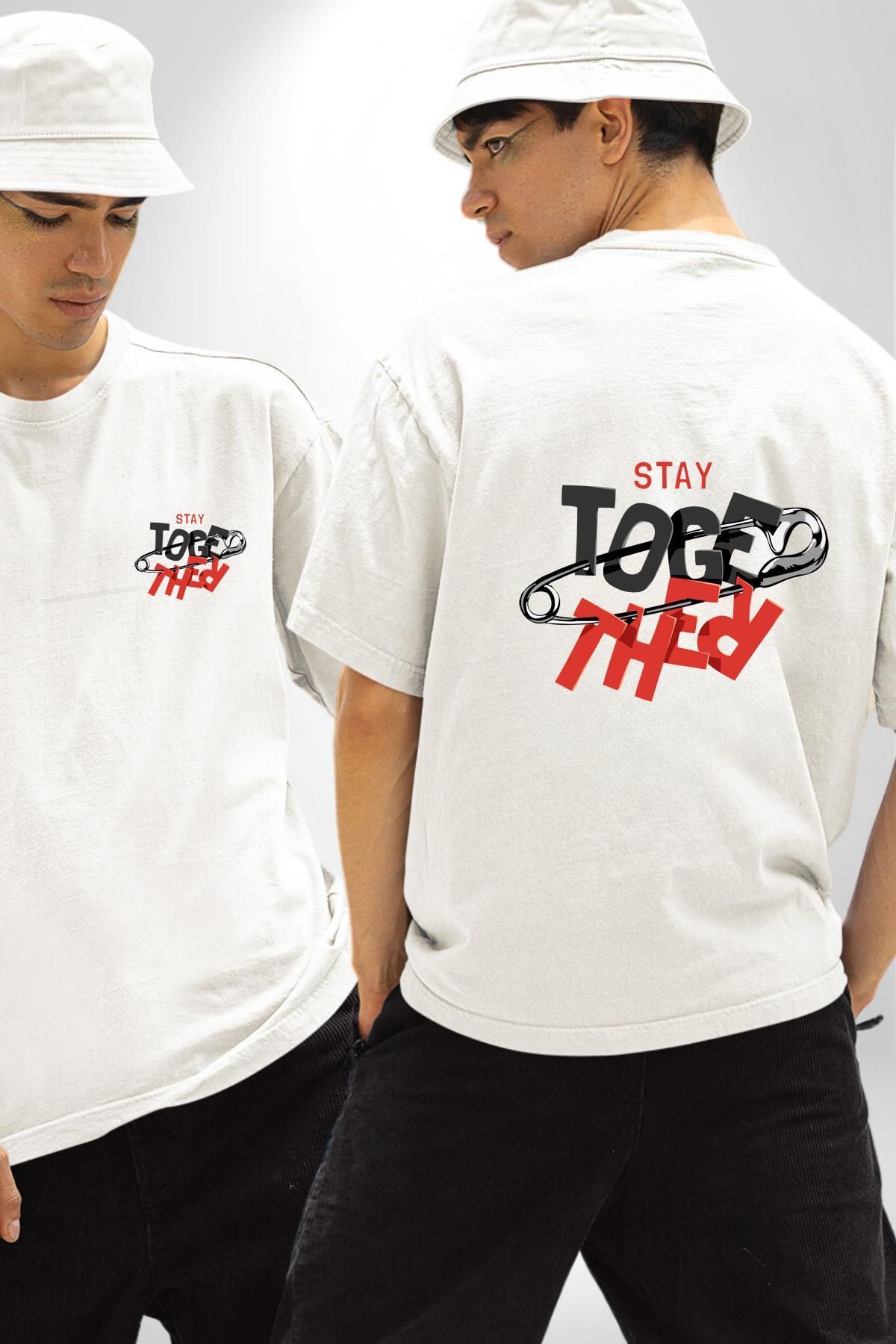 Angemiel Stay Together Yaratıcı ve Enerjik Sokak Modası Beyaz Oversize Kadın Erkek Ön ve Sırt Baskılı Tişört