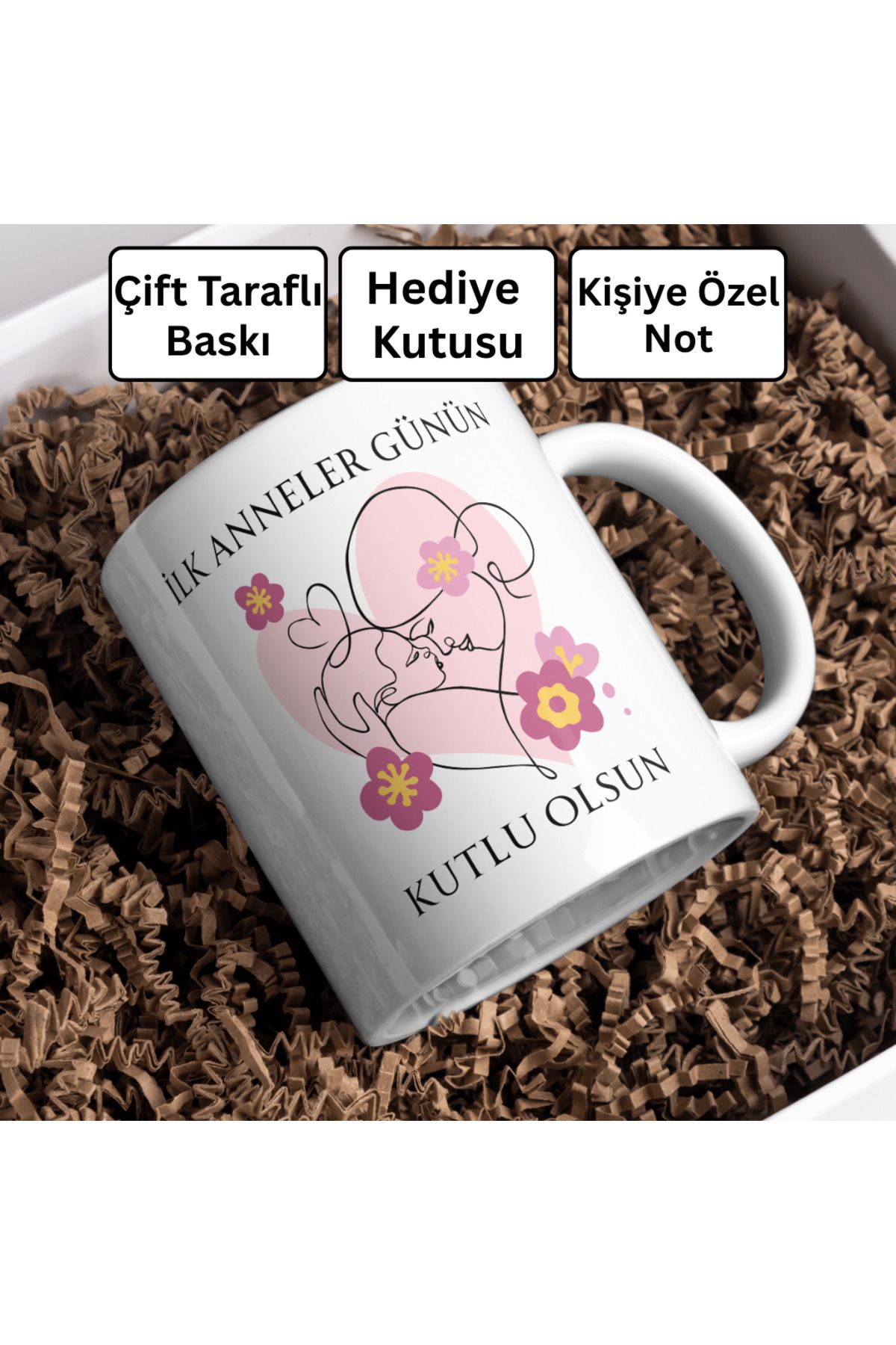 Decorbik İlk Anneler Günü Kutlu Olsun Kupa | Çiçekli Tasarım - Hediye Kutulu + Kişiye Özel Notlu