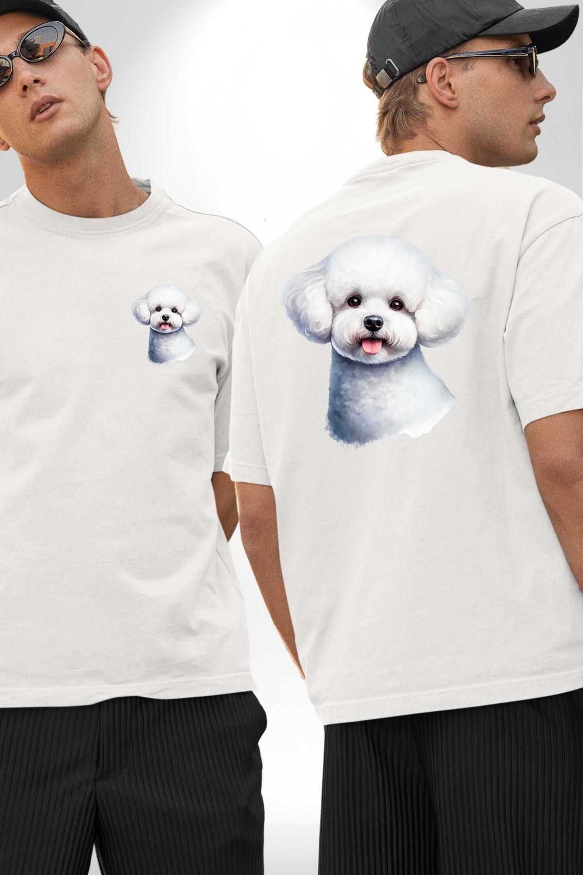 Angemiel Bichon Frise Beyaz Tatlı Küçük Irk Köpek Beyaz Oversize Kadın Erkek Ön ve Sırt Baskılı Tişört