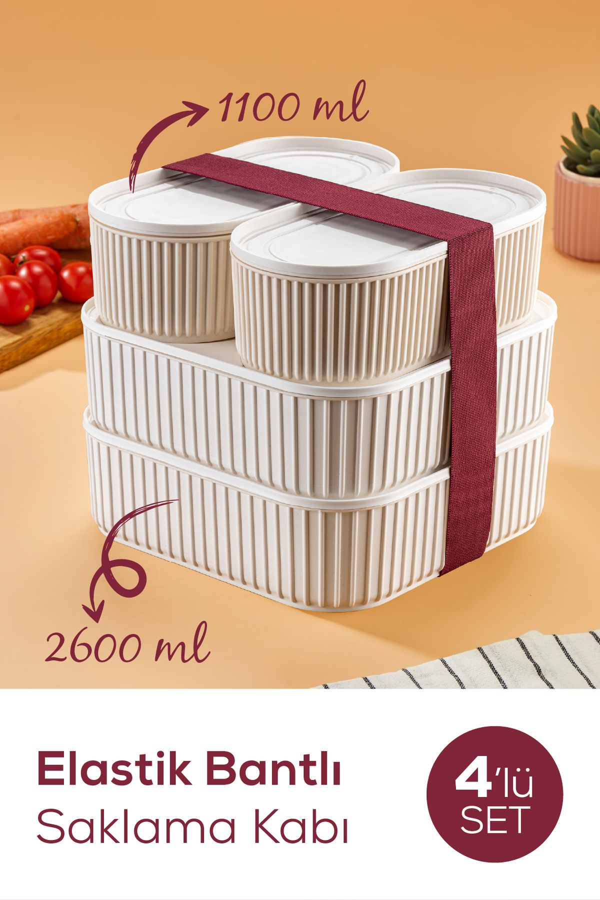ZCR 4'lü Elastik Bantlı İstiflenebilir Pratik Saklama Kabı Seti 2x(1100 ml) 2x(2600 ml) Bej