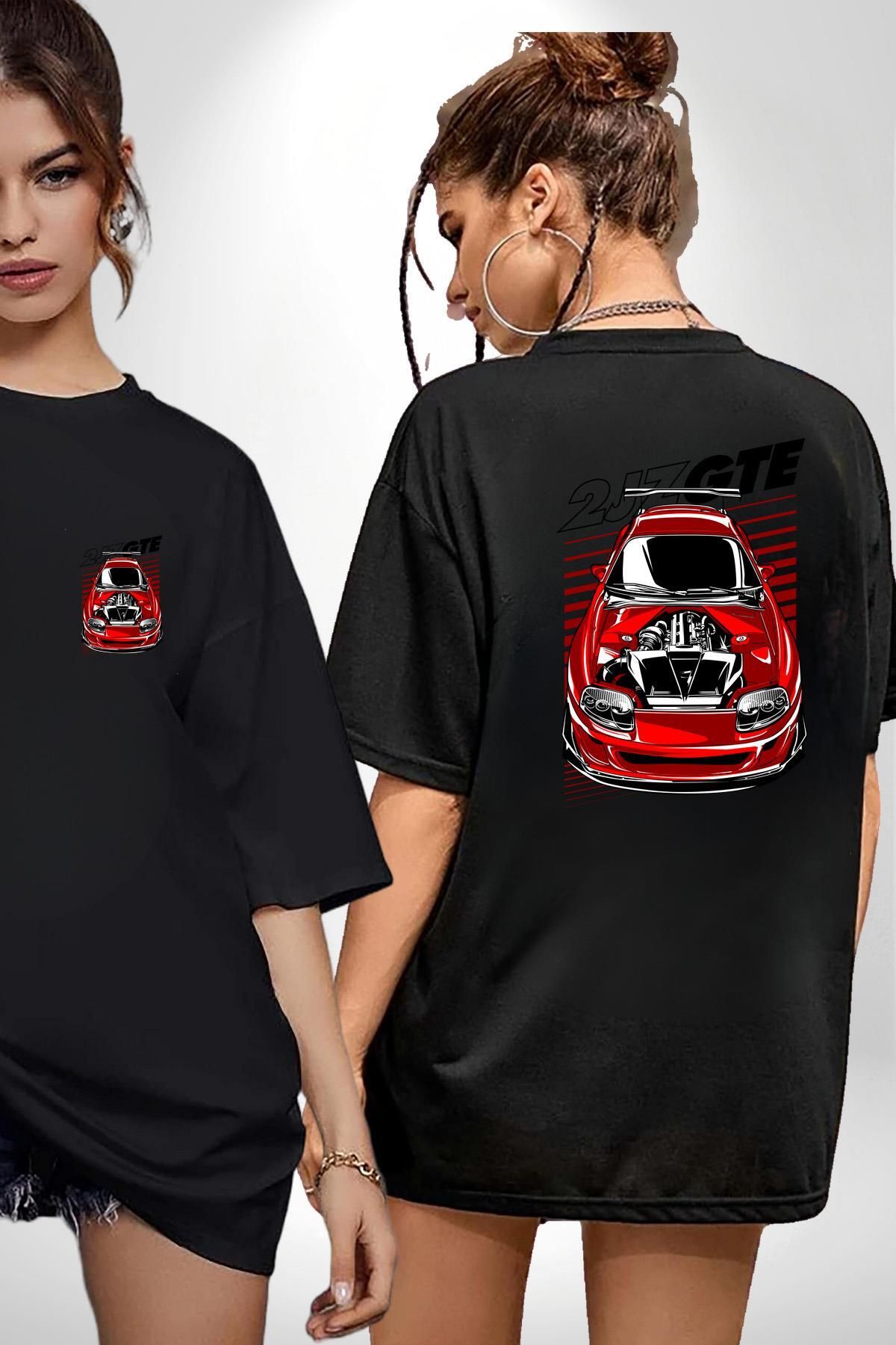 Angemiel Motorsporları Tutkunları İçin Araç Tasarım Siyah Oversize Kadın Erkek Ön ve Sırt Baskılı Tişört