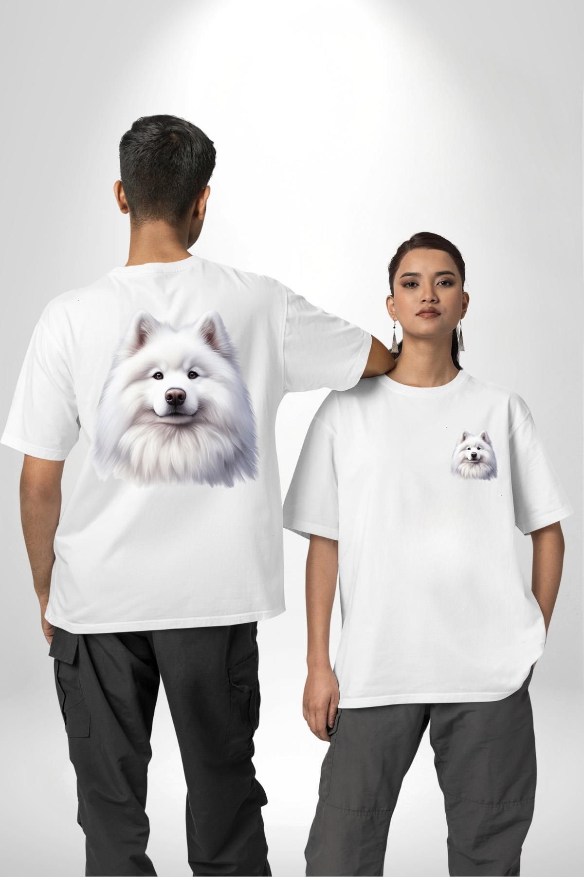 Angemiel Beyaz Samoyed Köpek Beyaz Oversize Kadın Erkek Ön ve Sırt Baskılı Tişört
