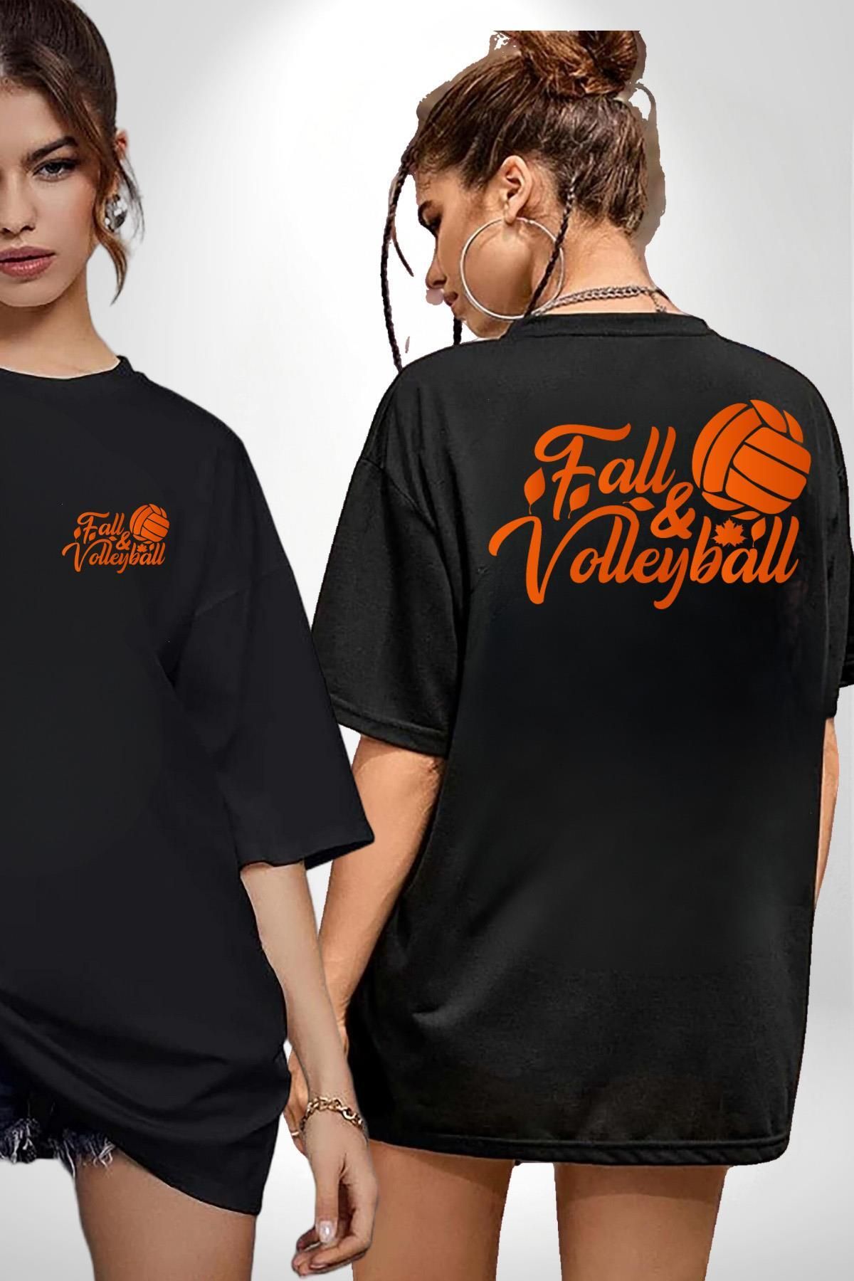 Angemiel Sonbahar Voleybol Turuncu Voleybol Topu Siyah Oversize Kadın Erkek Ön ve Sırt Baskılı Tişört