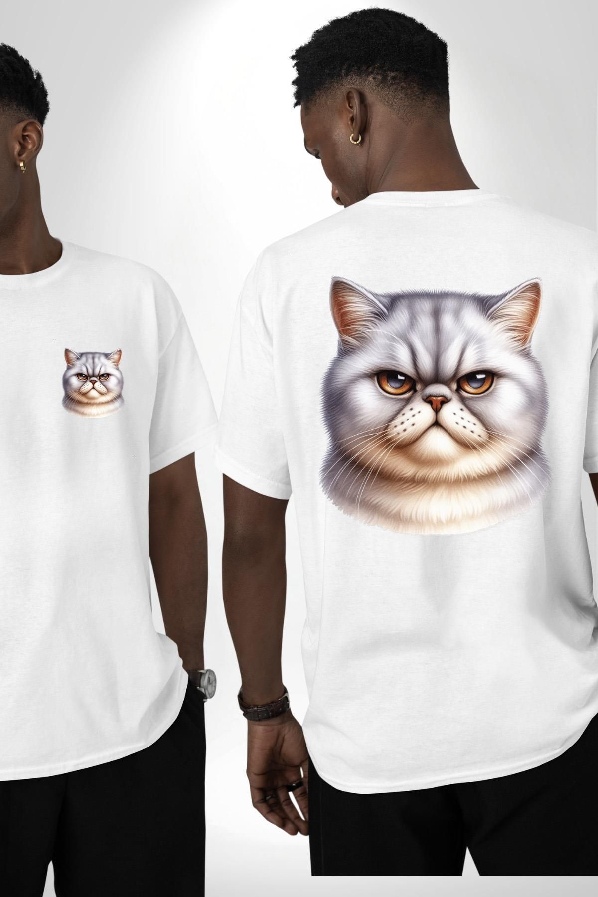 Angemiel Sert Bakışlar Bu Kedi Şefkatten Uzak Beyaz Oversize Kadın Erkek Ön ve Sırt Baskılı Tişört
