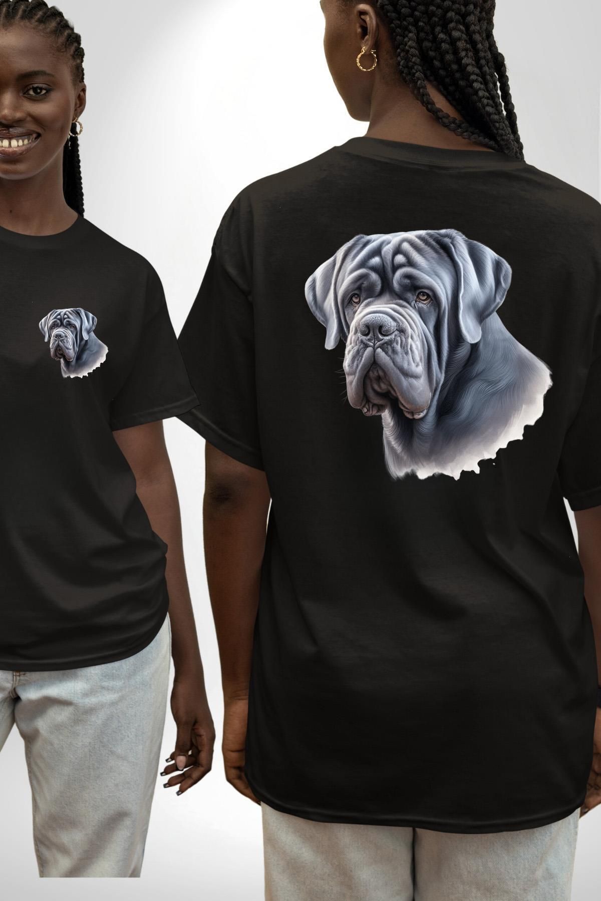 Angemiel Neapolitan Mastiff Aşkı Büyük Köpek Siyah Oversize Kadın Erkek Ön ve Sırt Baskılı Tişört