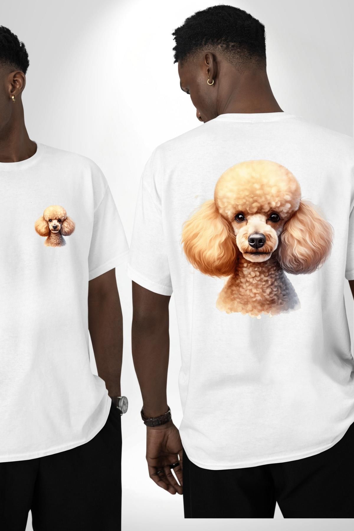 Angemiel Zeki Popüler Poodle Köpek Dostu Beyaz Oversize Kadın Erkek Ön ve Sırt Baskılı Tişört