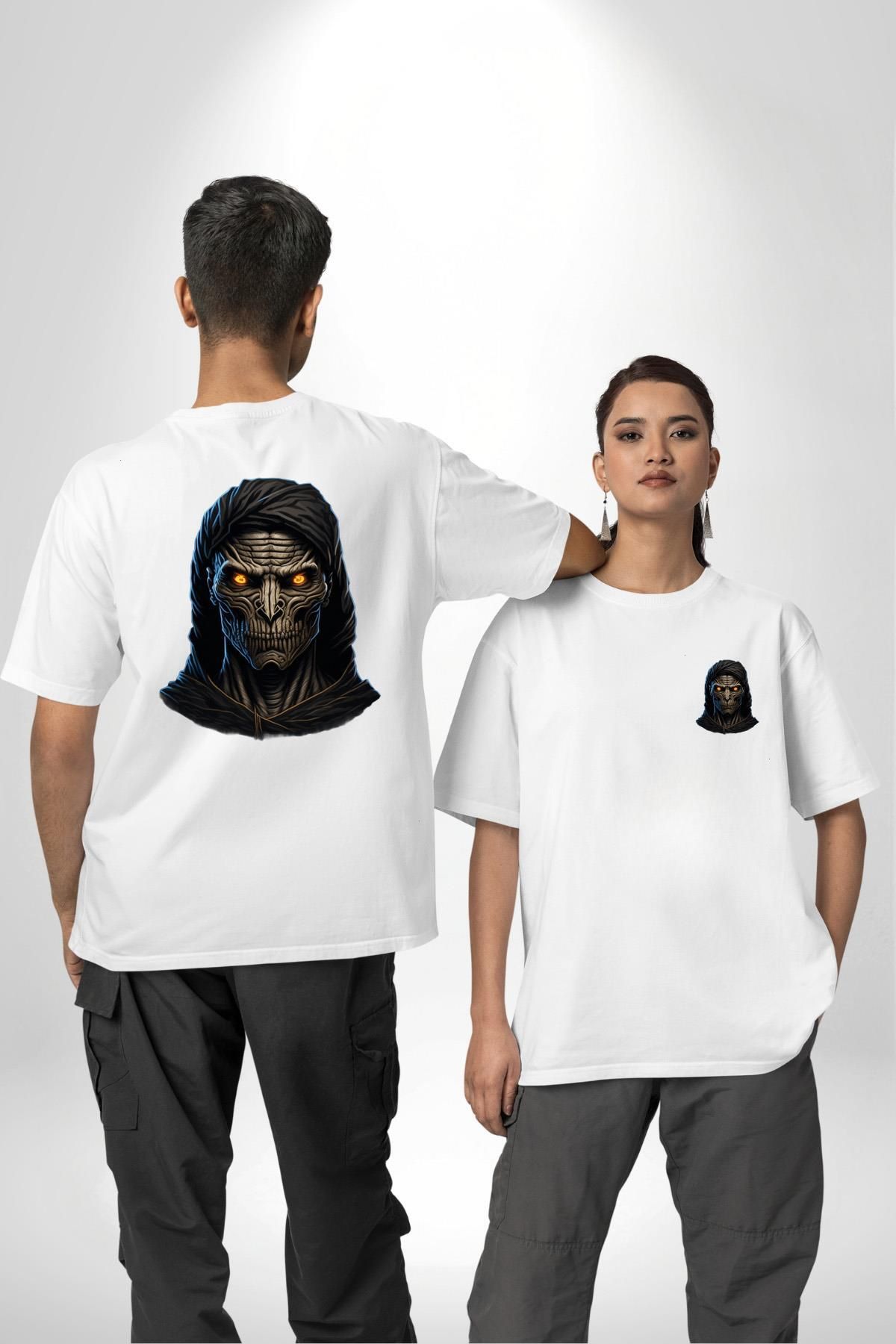 Angemiel Karanlık Halloween Gotik Beyaz Hooded Kafatası Beyaz Oversize Kadın Erkek Ön ve Sırt Baskılı Tişört