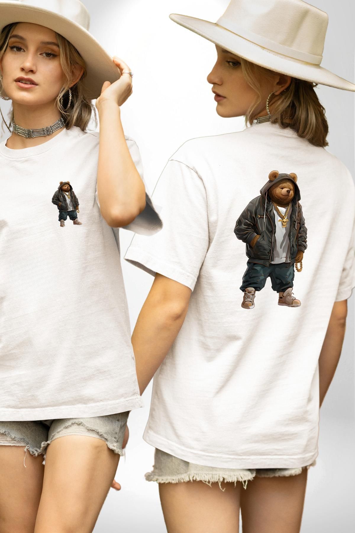 Angemiel Urban Stil Hip Hop Ayıcık Rapçi Teddy Beyaz Oversize Kadın Erkek Ön ve Sırt Baskılı Tişört