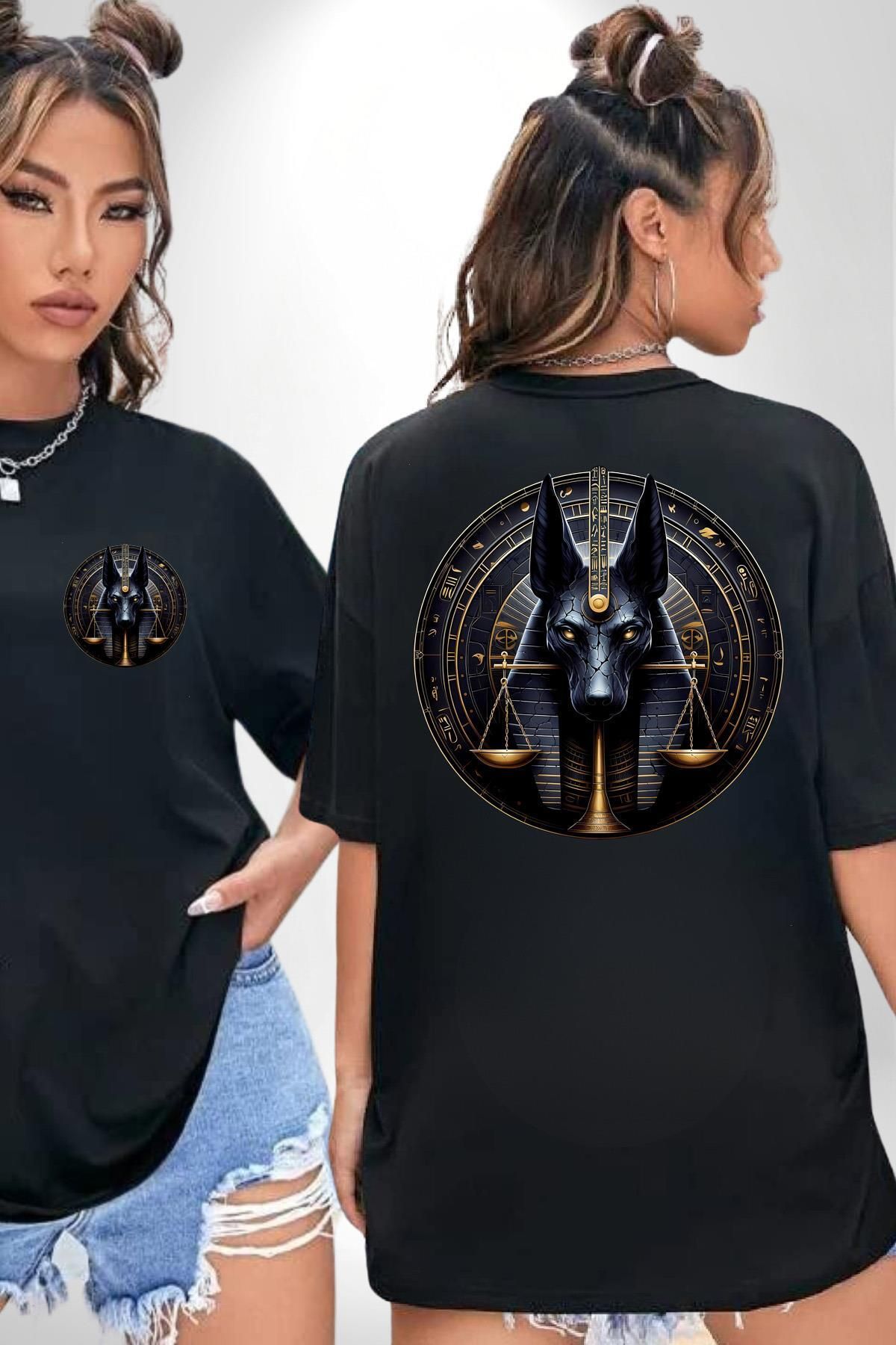 Angemiel Anubis Ölüler Diyarı Koruyucusu Adalet Mısır Siyah Oversize Kadın Erkek Ön ve Sırt Baskılı Tişört