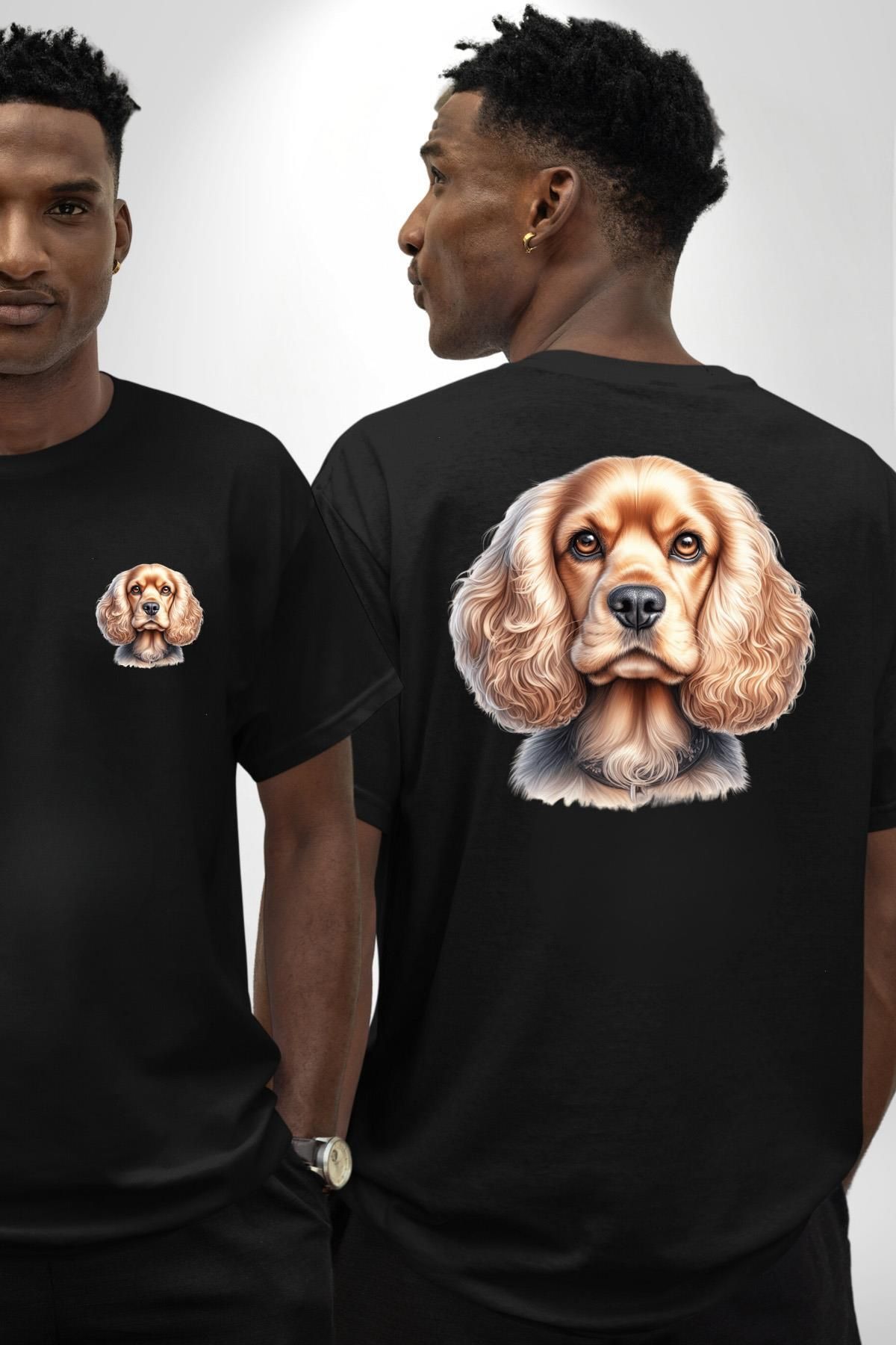 Angemiel Sevimli Cocker Spaniel Köpek Siyah Oversize Kadın Erkek Ön ve Sırt Baskılı Tişört