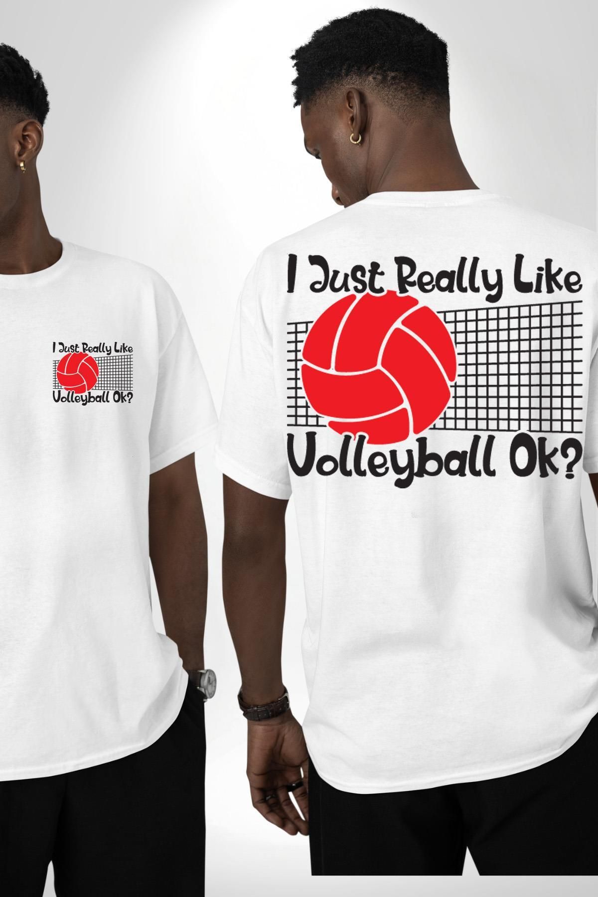 Angemiel Voleybolu Seviyorum Beyaz Oversize Kadın Erkek Ön ve Sırt Baskılı Tişört