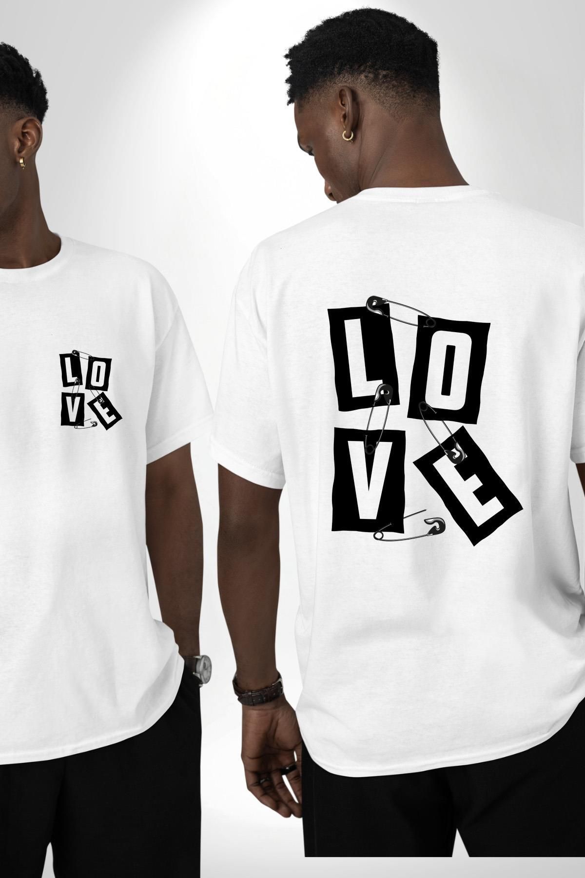 Angemiel Love Cengelli İğne Aşk Beyaz Oversize Kadın Erkek Ön ve Sırt Baskılı Tişört