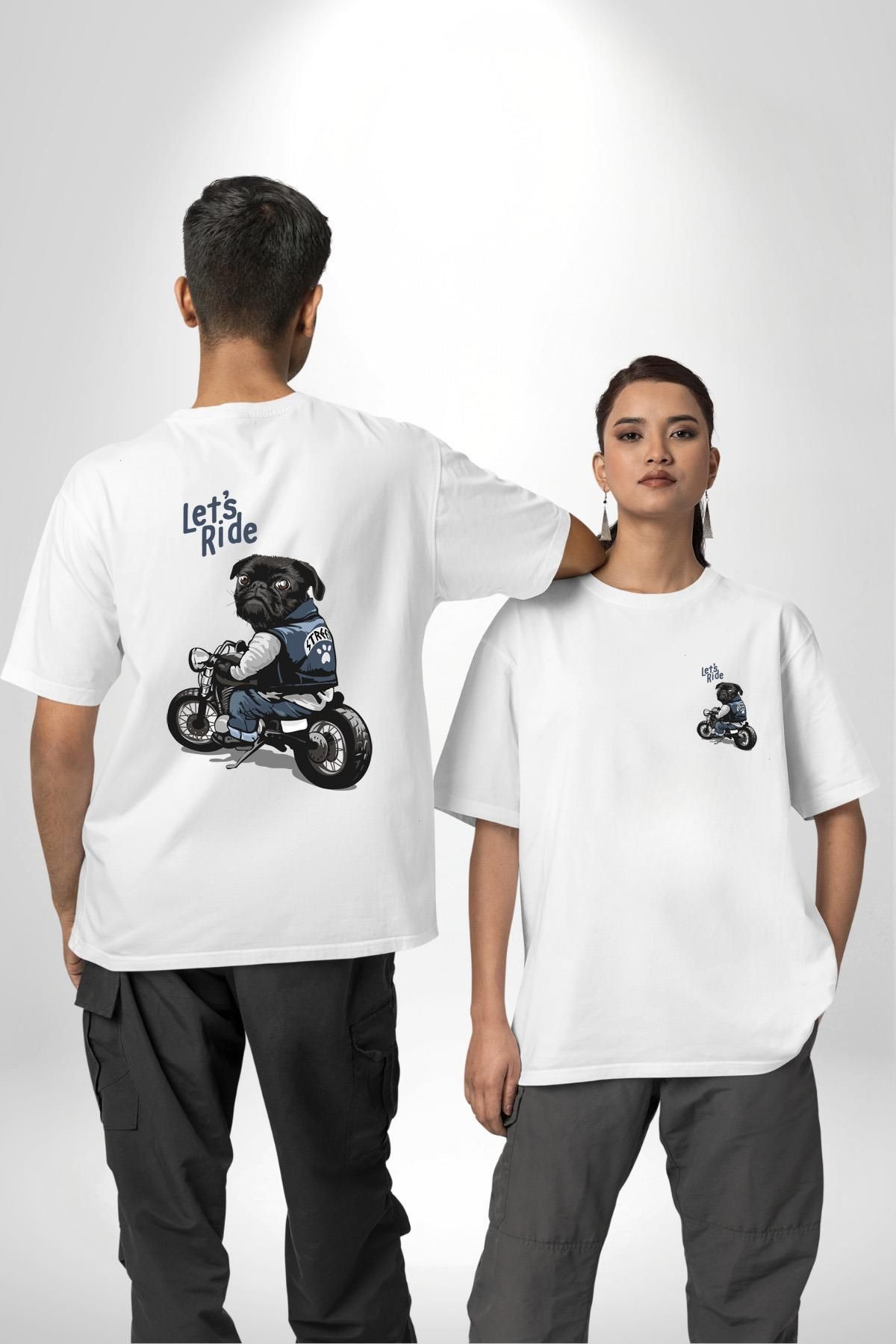 Angemiel Motosiklet Pug Hadi Binelim! Beyaz Oversize Kadın Erkek Ön ve Sırt Baskılı Tişört