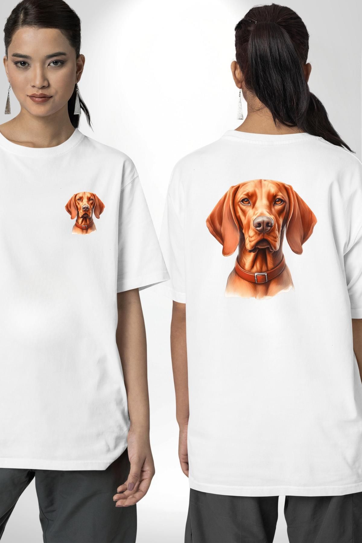 Angemiel Vizsla Enerjik Av Köpek Tasarımı Beyaz Oversize Kadın Erkek Ön ve Sırt Baskılı Tişört