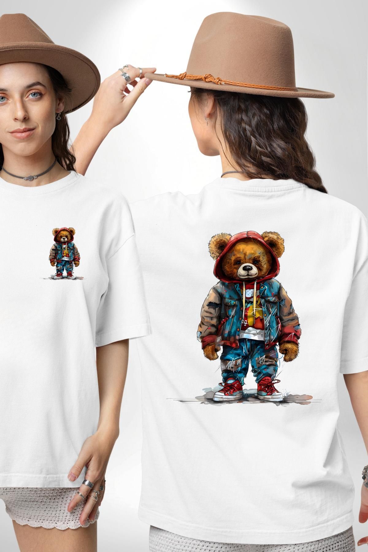 Angemiel Trendy Kırmızı Sarı Taraftar Ayıcık Teddy Beyaz Oversize Kadın Erkek Ön ve Sırt Baskılı Tişört