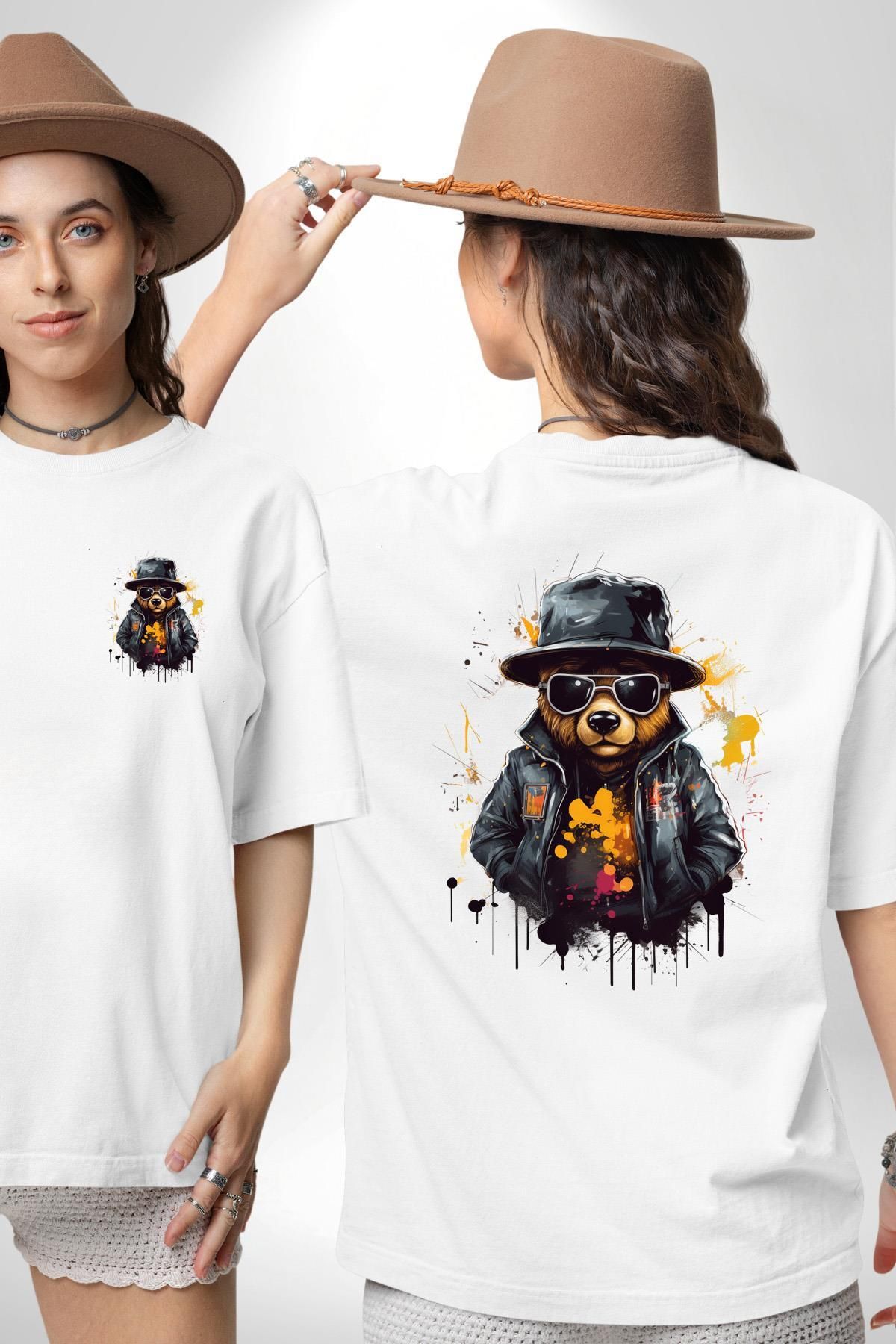 Angemiel Beyaz Deri Ceketli Güneş Gözlüklü Ayı Teddy Beyaz Oversize Kadın Erkek Ön ve Sırt Baskılı Tişört