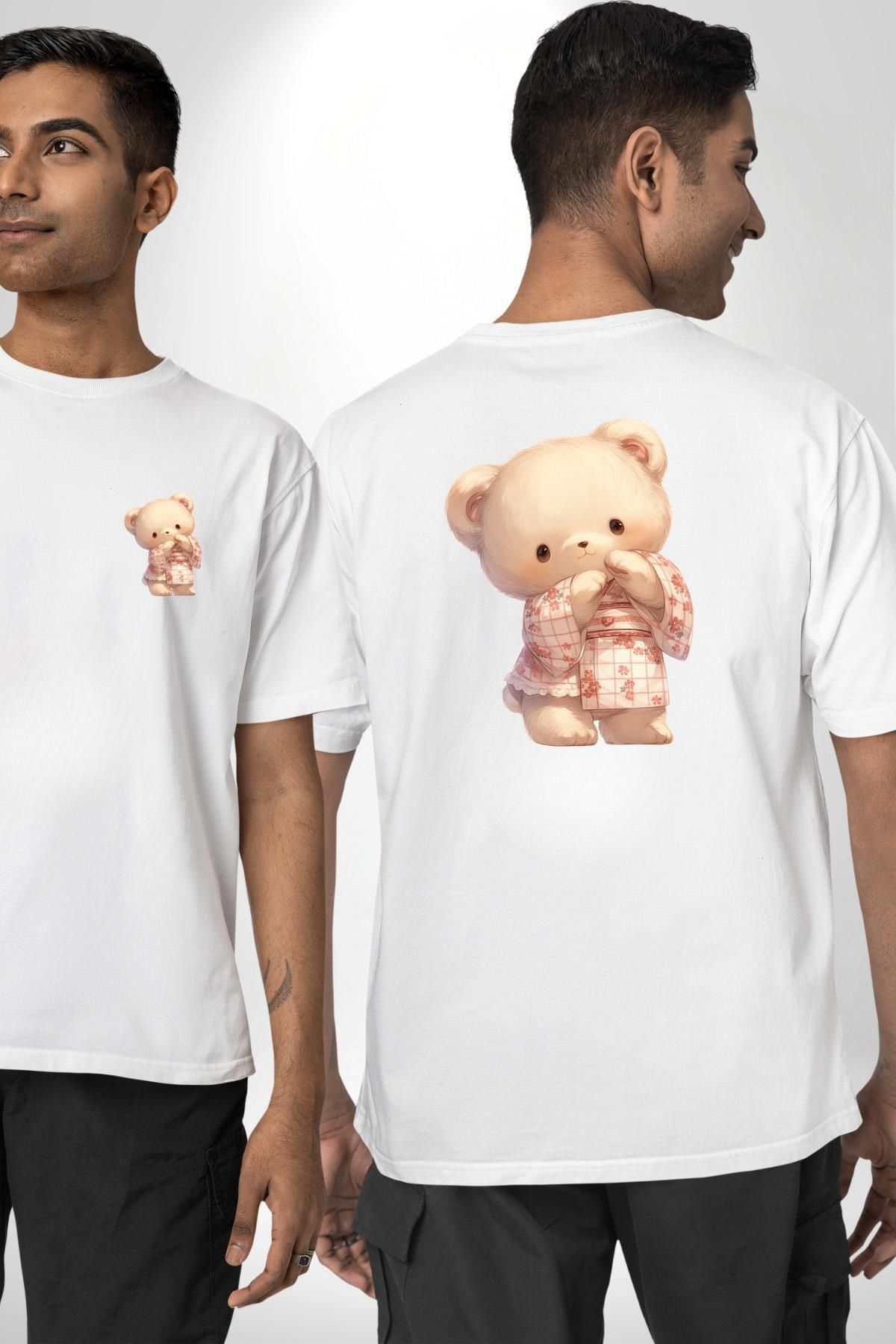 Angemiel Pembe Çiçekli Ayıcık Desenli Beyaz Oversize Kadın Erkek Ön ve Sırt Baskılı Tişört