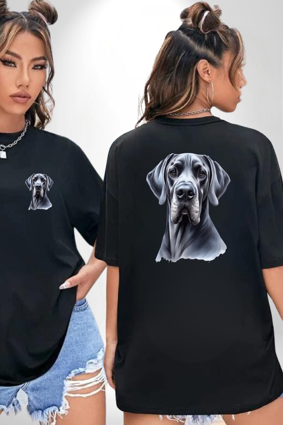 Angemiel Güçlü Büyük Danua Köpek Dostu Siyah Oversize Kadın Erkek Ön ve Sırt Baskılı Tişört