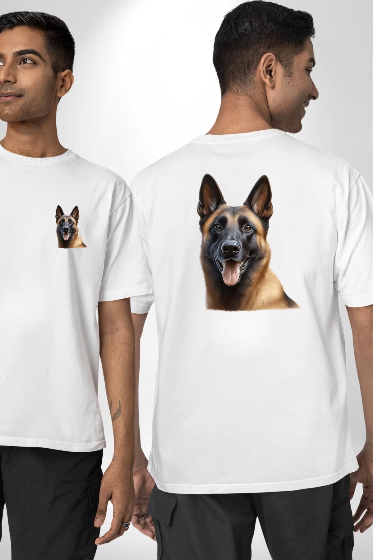 Angemiel Belçika Malinois Sevimli Köpek Beyaz Oversize Kadın Erkek Ön ve Sırt Baskılı Tişört