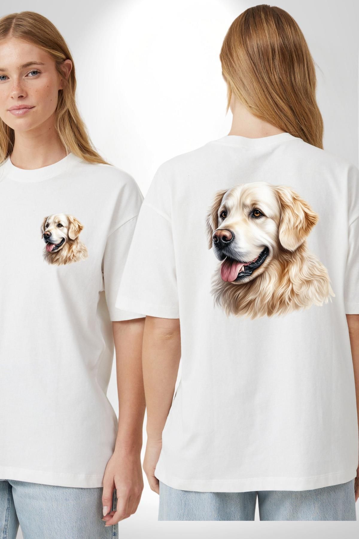 Angemiel Sevimli Golden Retriever Köpek Dostu Beyaz Oversize Kadın Erkek Ön ve Sırt Baskılı Tişört