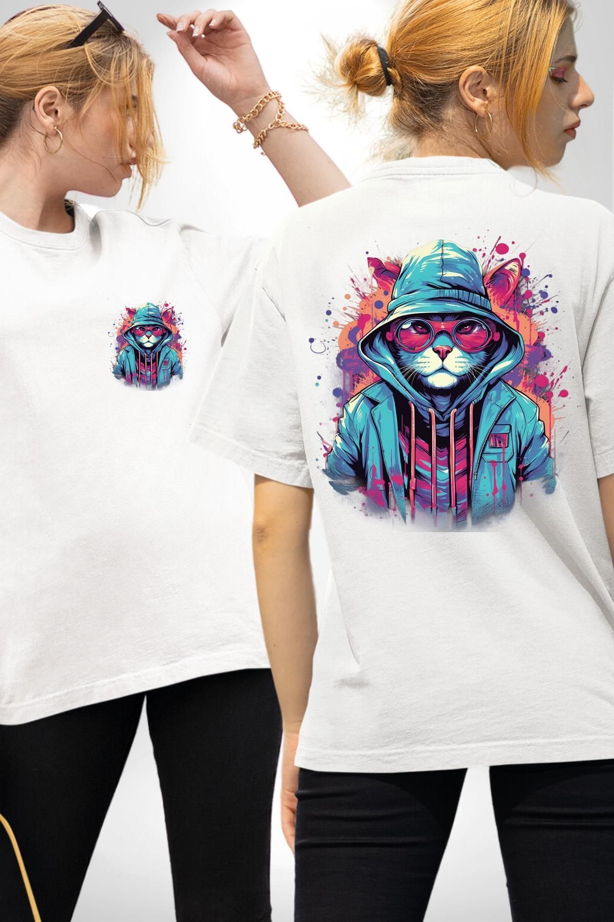 Angemiel Cool Grafiti Sanatı Kedi Temalı Beyaz Oversize Kadın Erkek Ön ve Sırt Baskılı Tişört