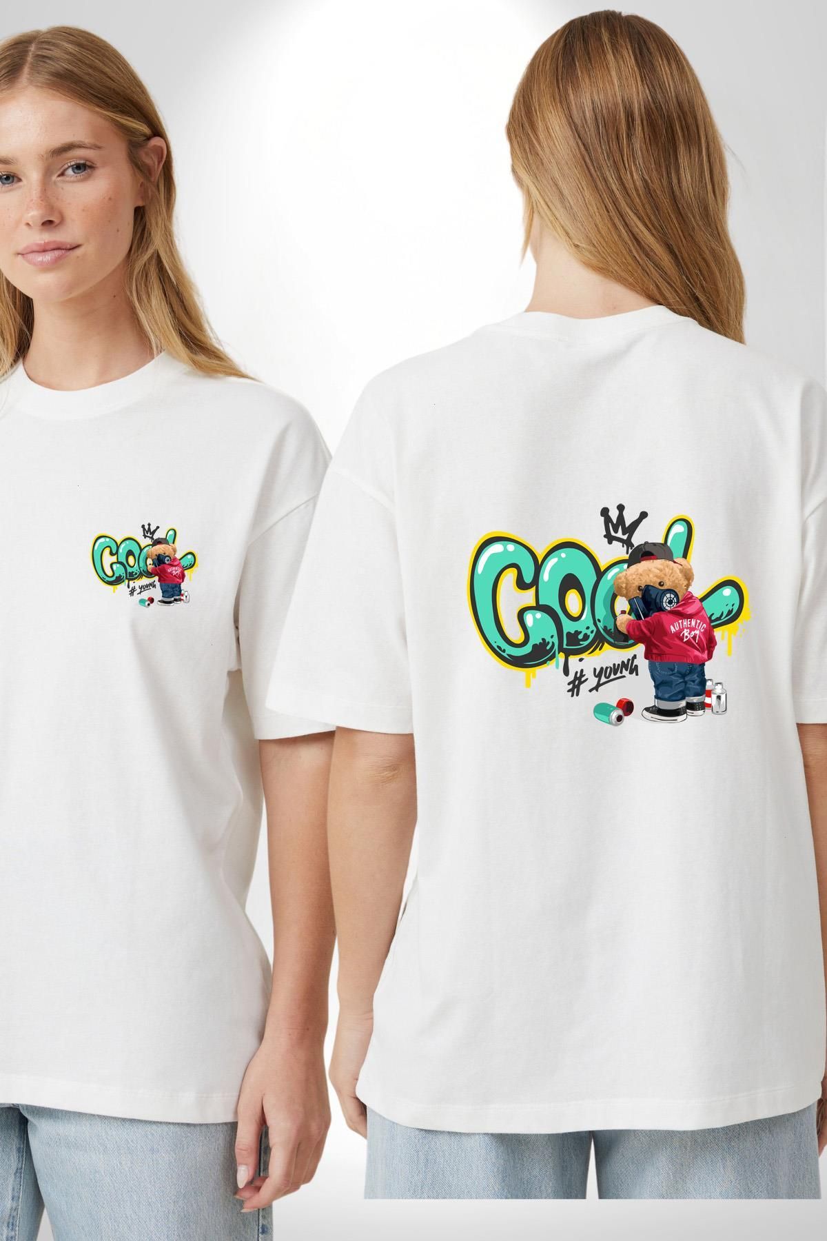 Angemiel Cool Graffiti Baskılı Genç ve Sokak Modası Beyaz Oversize Kadın Erkek Ön ve Sırt Baskılı Tişört