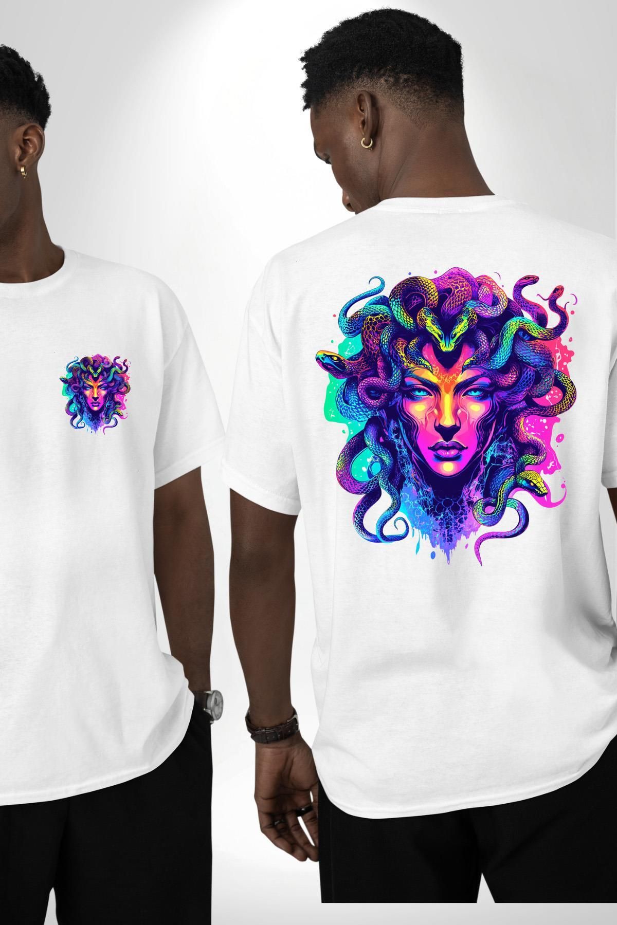 Angemiel Yılan Saçlı Medusa Beyaz Oversize Kadın Erkek Ön ve Sırt Baskılı Tişört