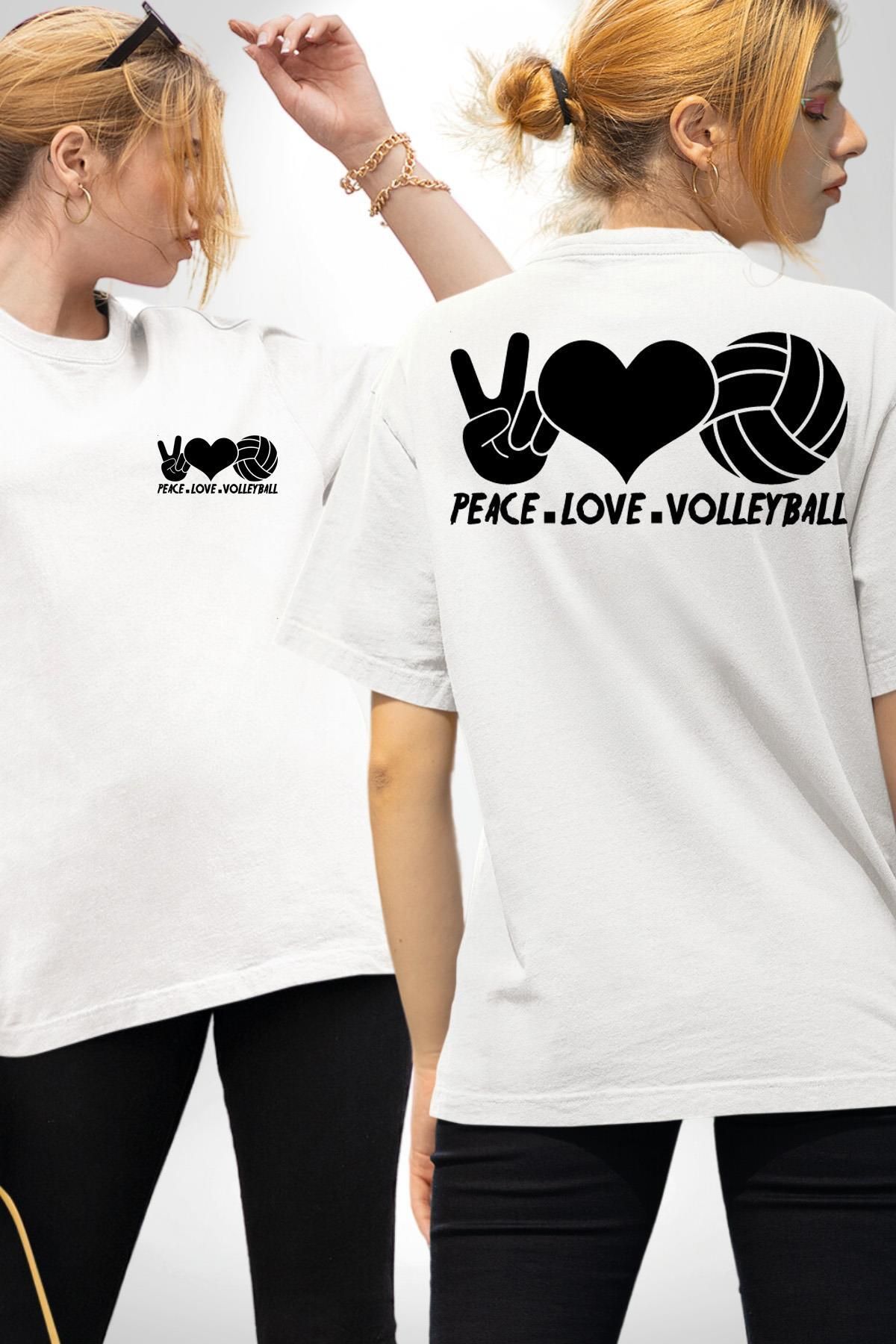 Angemiel Barış Aşk Voleybol Beyaz Oversize Kadın Erkek Ön ve Sırt Baskılı Tişört