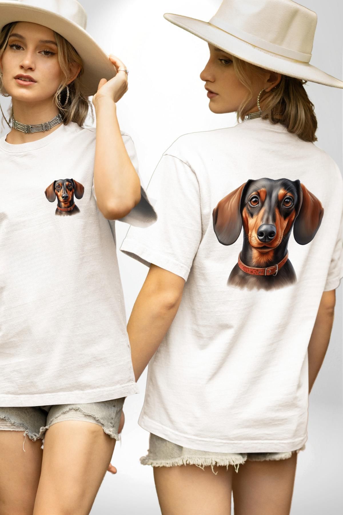 Angemiel Tatlı Dachshund Köpek Aşkı Beyaz Oversize Kadın Erkek Ön ve Sırt Baskılı Tişört