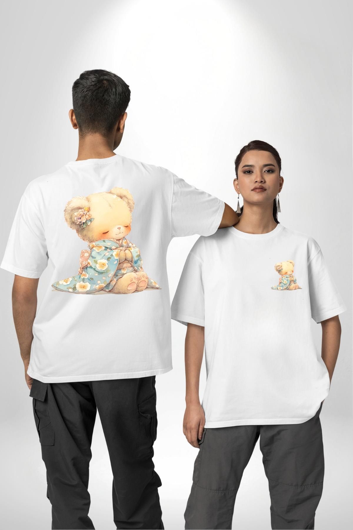 Angemiel Mavi Çiçek Desenli Kimonolu Sevimli Ayıcık Teddy Beyaz Oversize Kadın Erkek Ön ve Sırt Baskılı Tişör