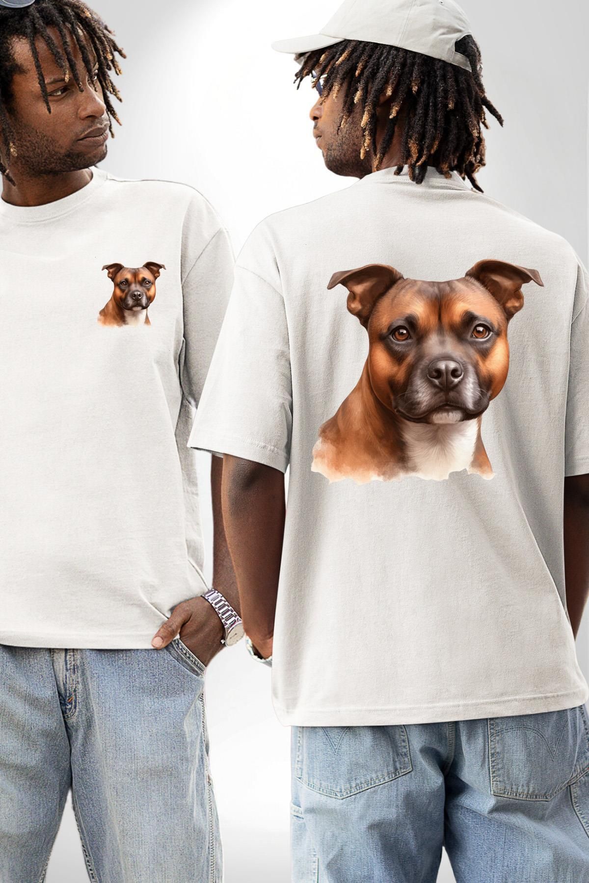 Angemiel Staffordshire Bull Terrier Köpek Beyaz Oversize Kadın Erkek Ön ve Sırt Baskılı Tişört
