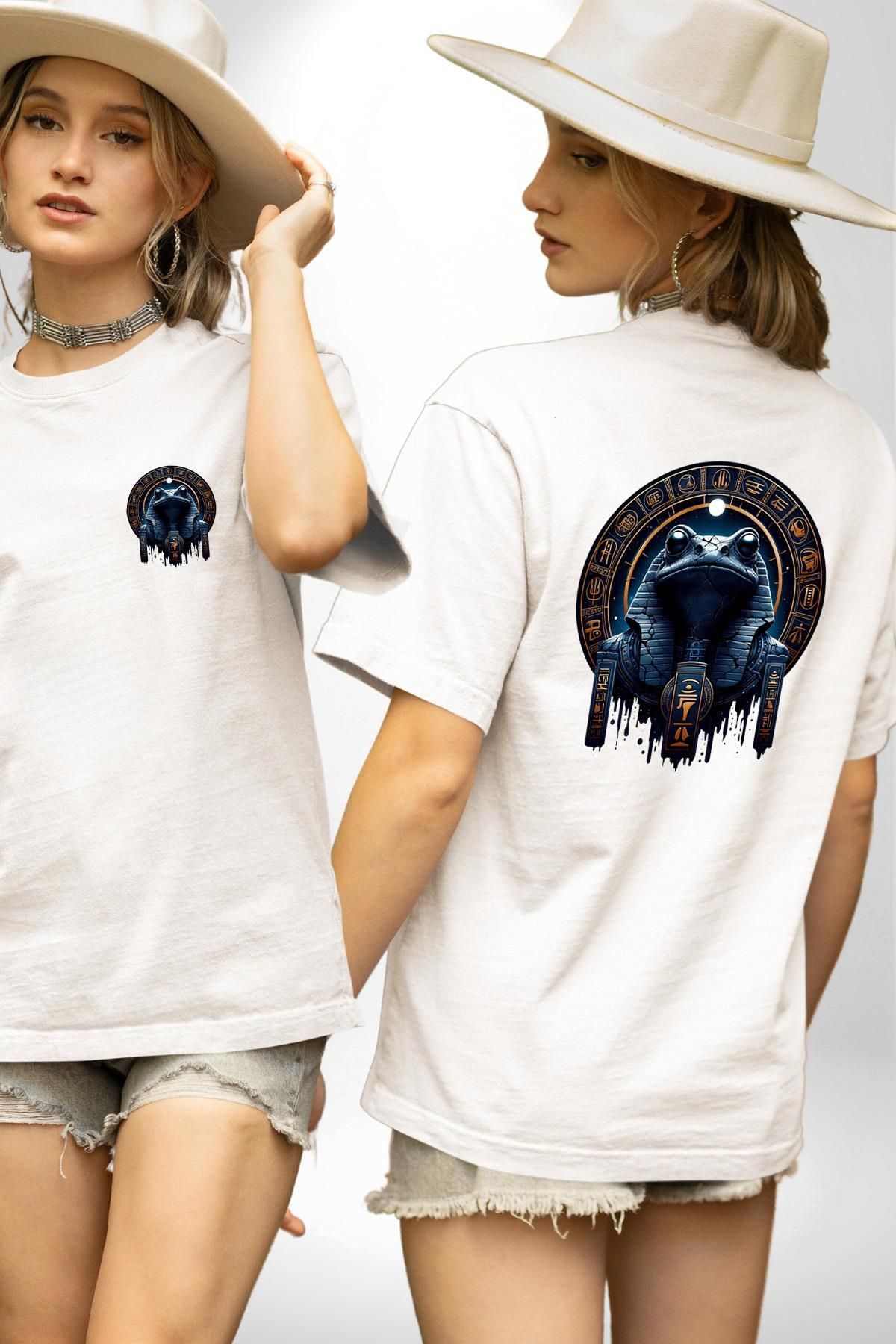 Angemiel Gece ve Kaos Temalı Mistik Kek Tanrısı Mısır Beyaz Oversize Kadın Erkek Ön ve Sırt Baskılı Tişört