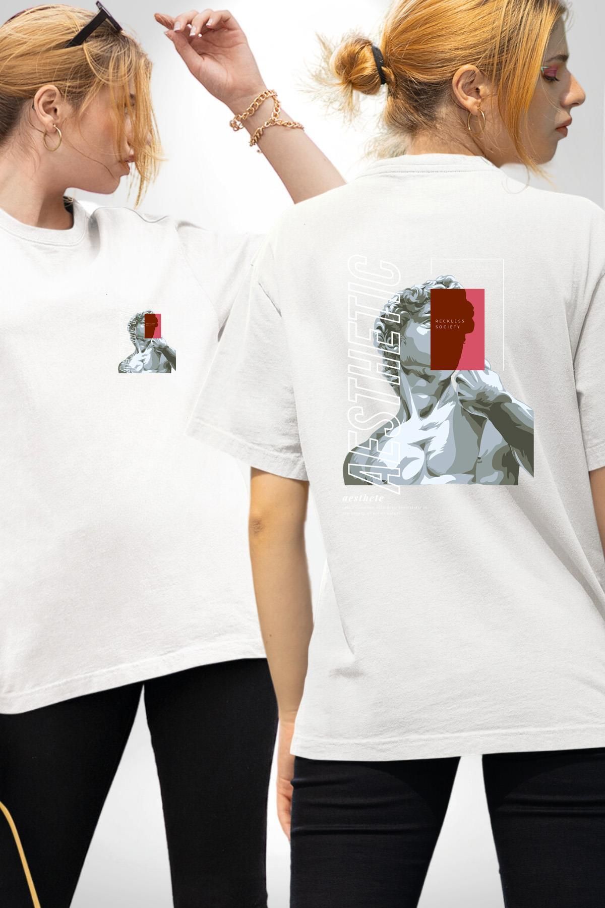 Angemiel Aesthetic Baskılı Sanat ve Modern Tasarım Beyaz Oversize Kadın Erkek Ön ve Sırt Baskılı Tişört
