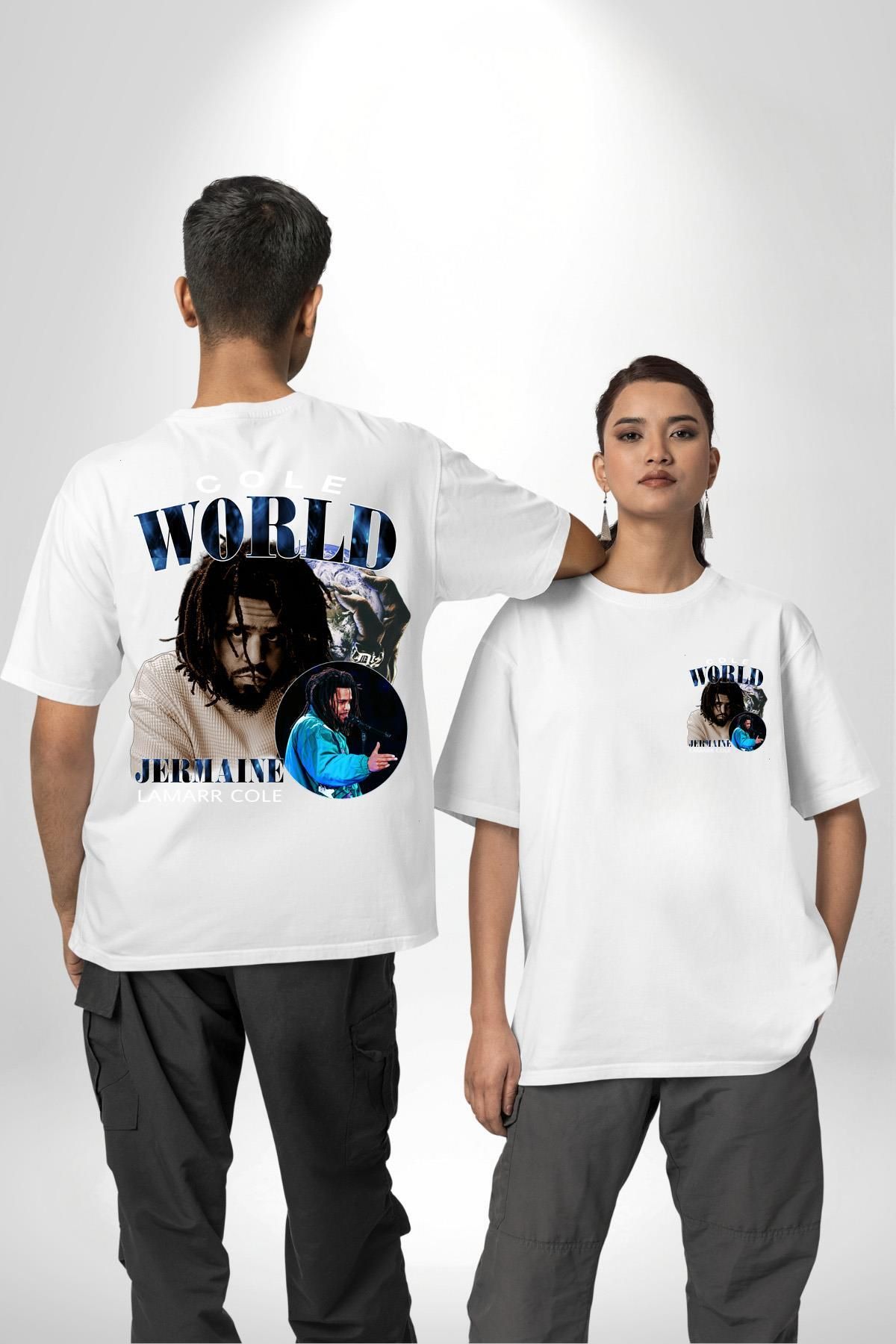Angemiel J. Cole K-pop Şarkıcı Rap Dünyasının İkonu Beyaz Oversize Kadın Erkek Ön ve Sırt Baskılı Tişört