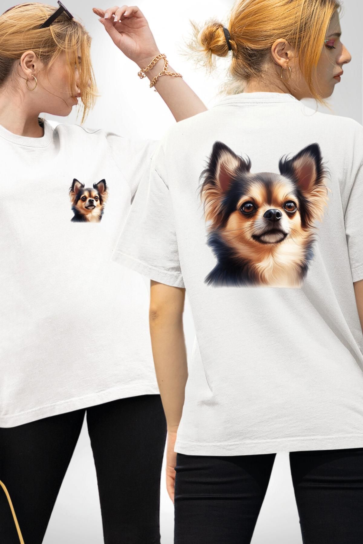 Angemiel Sevimli Chihuahua Küçük Irk Köpek Beyaz Oversize Kadın Erkek Ön ve Sırt Baskılı Tişört