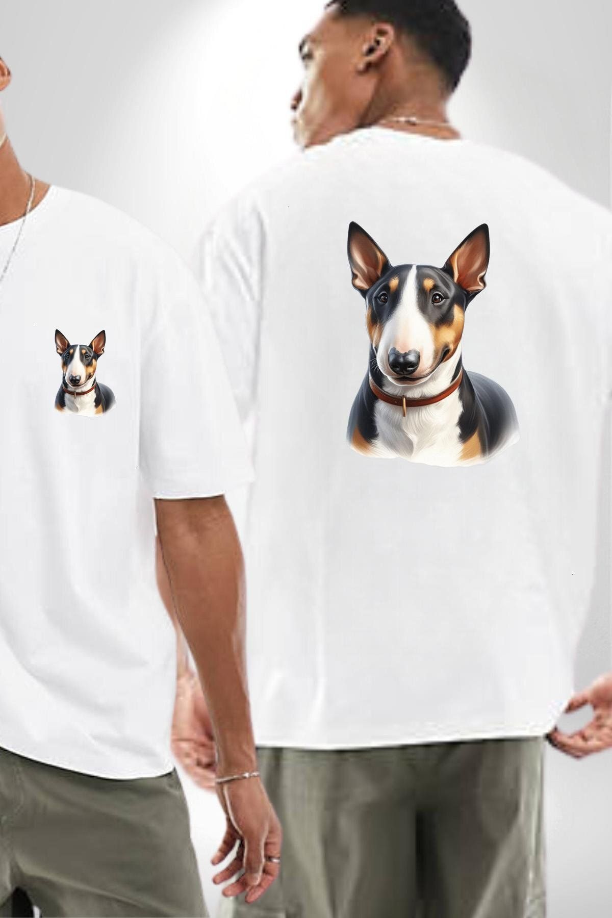 Angemiel Cesur Miniature Bull Terrier Köpek Beyaz Oversize Kadın Erkek Ön ve Sırt Baskılı Tişört