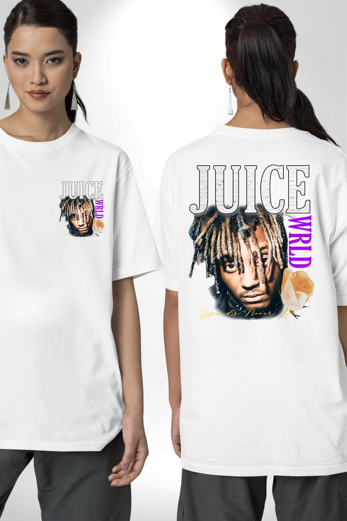 Angemiel Juice WRLD Rapçi Müzik ve Moda Beyaz Oversize Kadın Erkek Ön ve Sırt Baskılı Tişört