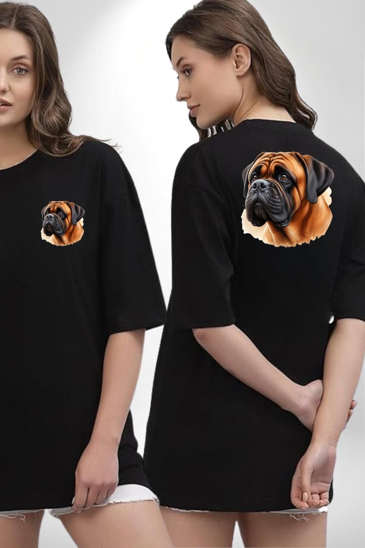 Angemiel Bullmastiff Köpek Aşkı Siyah Oversize Kadın Erkek Ön ve Sırt Baskılı Tişört