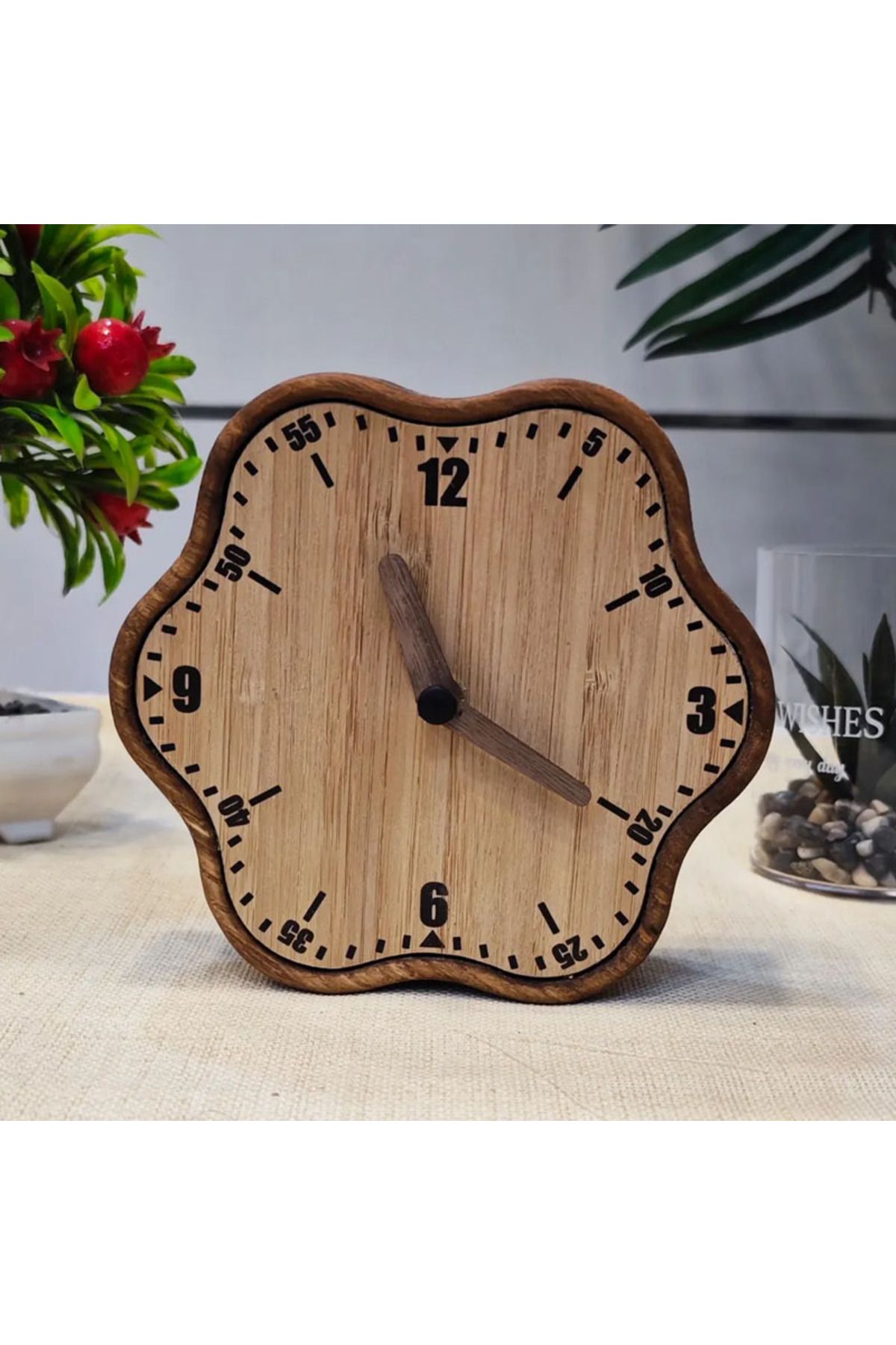 CNZ WOOD Çiçek Şeklinde Kestane Masa Saati