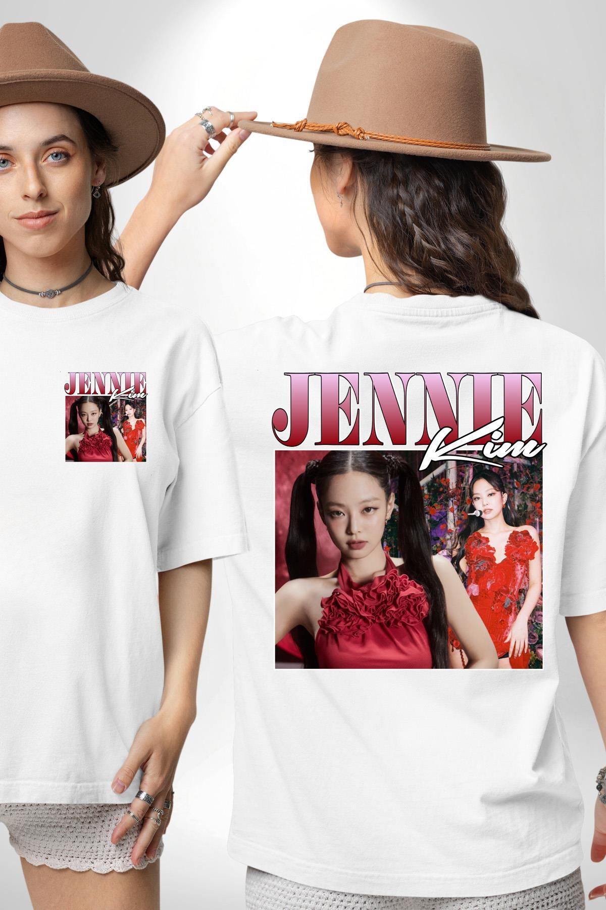 Angemiel Jennie Kim K-pop Müzik Yıldızı Beyaz Oversize Kadın Erkek Ön ve Sırt Baskılı Tişört